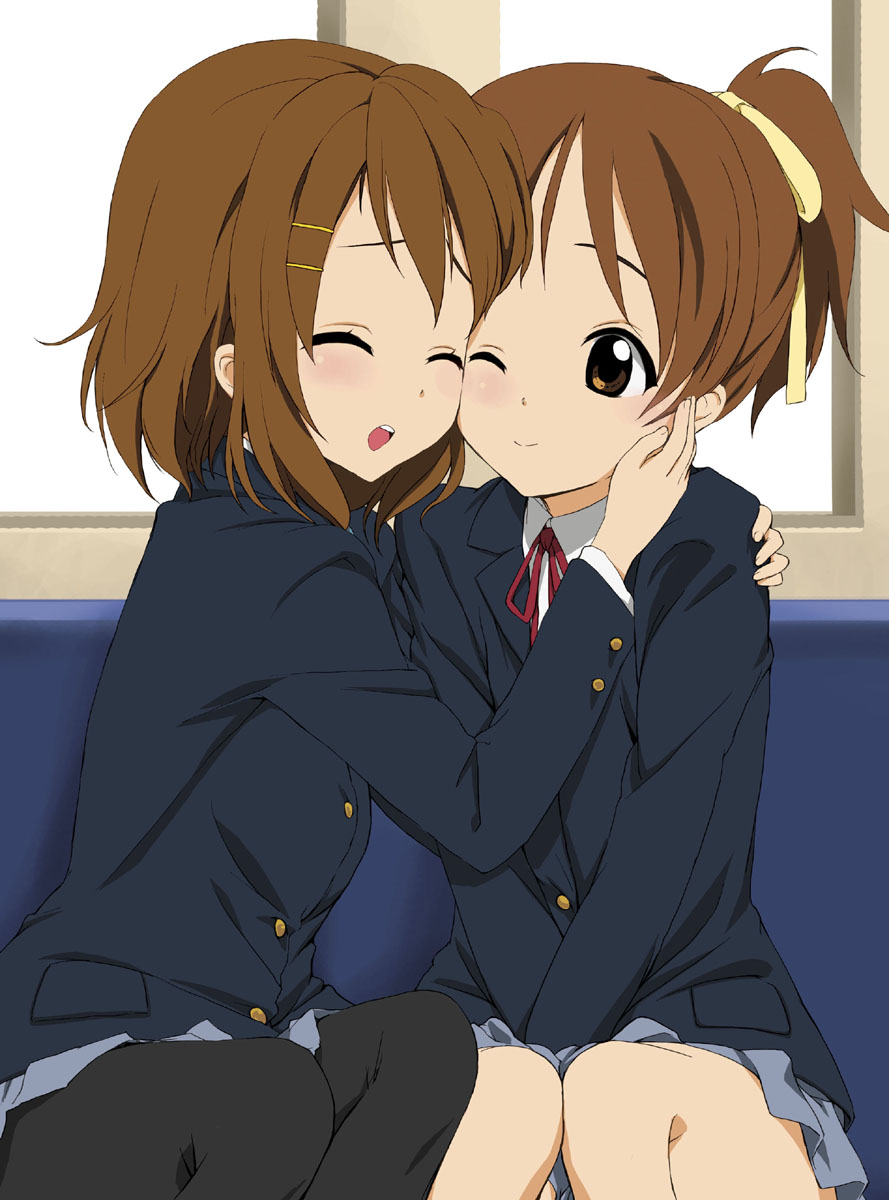 gen@chikuwa, tooya daisuke, hirasawa ui, hirasawa yui, k-on!, bad id, bad pixiv id, highres, 00s, 2girls, blush, bow, bowtie, brown eyes, brown hair, cheek-to-cheek, closed eyes, female focus, hair ornament, hairclip, hand on another's face, happy, heads together, hug, incest, multiple girls, one eye closed, open mouth, pantyhose, ponytail, school uniform, short hair, siblings, sisters, sitting, skirt, smile, wink, yuri