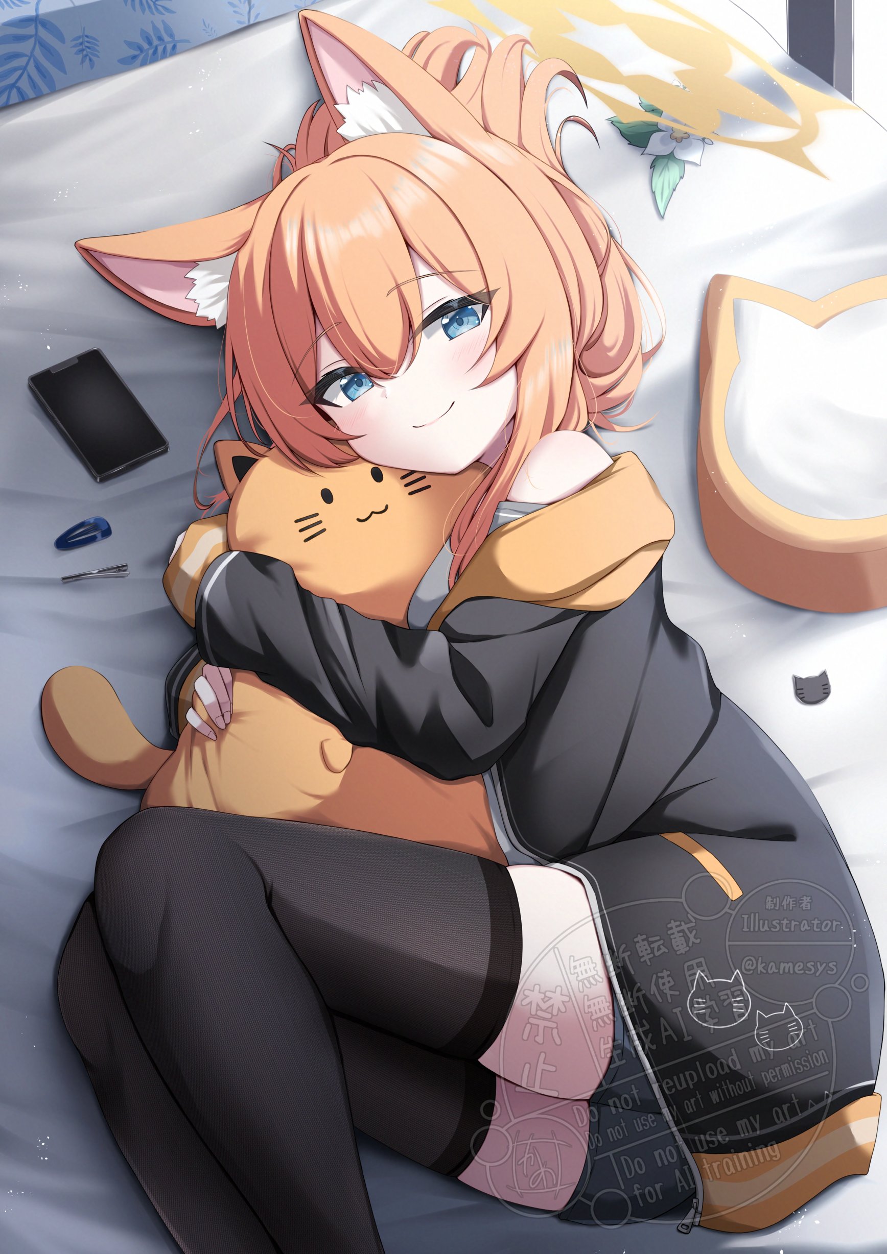 kamesys, mari (blue archive), blue archive, absurdres, highres, 1girl, alternate costume, animal ear fluff, animal ears, black jacket, black shorts, black thighhighs, casual, cat ears, cat girl, cellphone, closed mouth, halo, indoors, jacket, long hair, looking at viewer, lying, on bed, on side, orange hair, phone, shorts, smartphone, smile, solo, stuffed toy, thighhighs, very long hair
