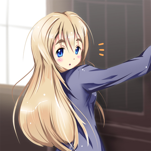 sys.ao, kotobuki tsumugi, k-on!, bad id, bad pixiv id, 00s, 1girl, blonde hair, blue eyes, female focus, indoors, long hair, school uniform, solo, surprised