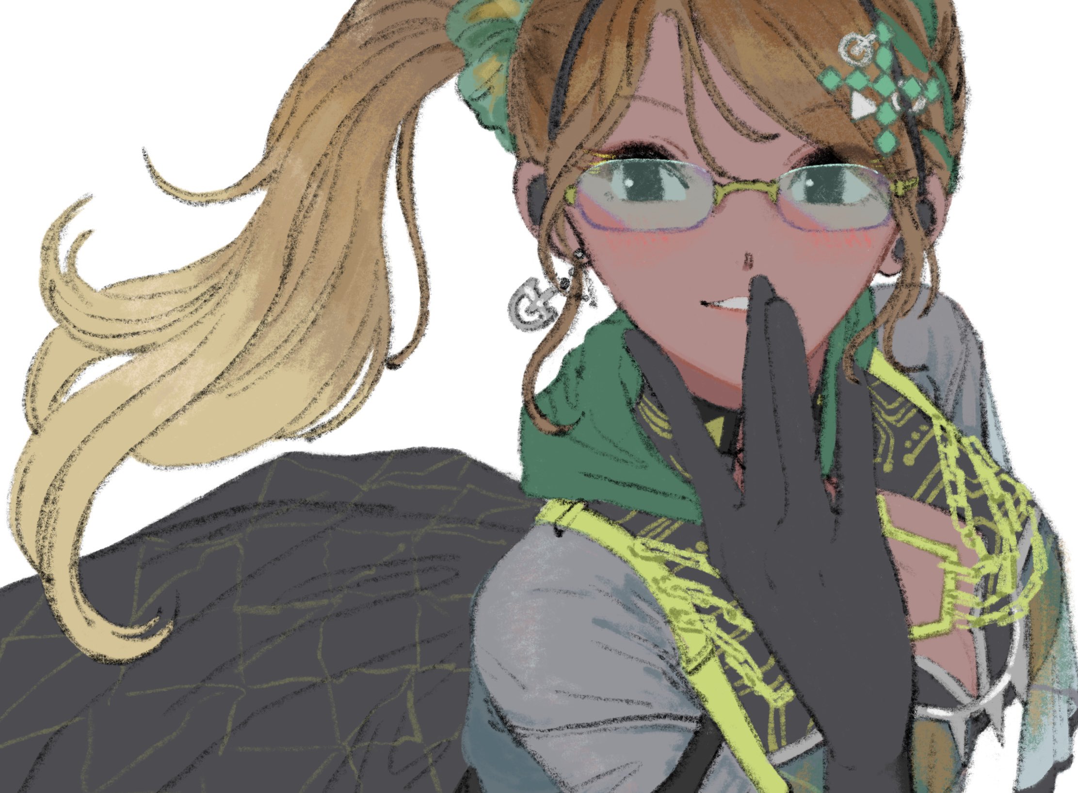 subro, izumi mei, idolmaster, idolmaster shiny colors, highres, 1girl, black eyes, blonde hair, breasts, brown hair, cleavage, dark-skinned female, dark skin, earrings, glasses, gradient hair, green scrunchie, hair ornament, hair scrunchie, hand to own mouth, hand up, idol clothes, jewelry, long hair, looking at viewer, multicolored hair, scrunchie, side ponytail, simple background, solo, upper body, white background