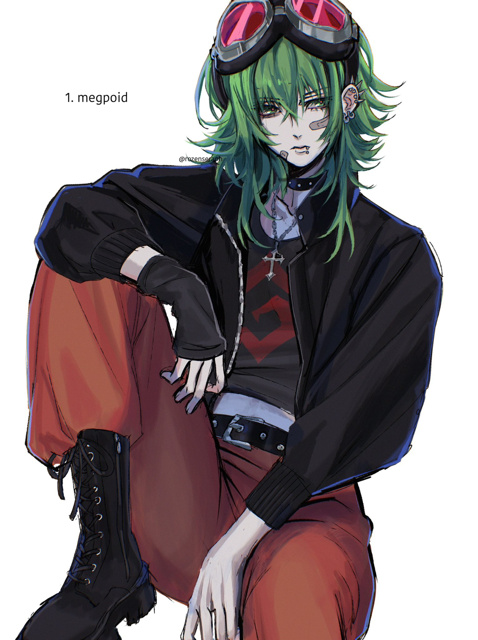 gumi, vocaloid, commentary, english commentary, highres, 1girl, alternate costume, bandaid, bandaid on cheek, bandaid on face, belt, black belt, black boots, black collar, black gloves, black jacket, black shirt, boots, character name, collar, collarbone, cross, cross necklace, ear piercing, face piercing, fingerless gloves, gloves, goggles, goggles on head, green eyes, green hair, jacket, jewelry, looking to the side, midriff peek, mouth piercing, necklace, orange pants, pants, piercing, print shirt, punk, red-tinted eyewear, rozenseraph, shirt, simple background, sitting, solo, tinted eyewear, twitter username, white background