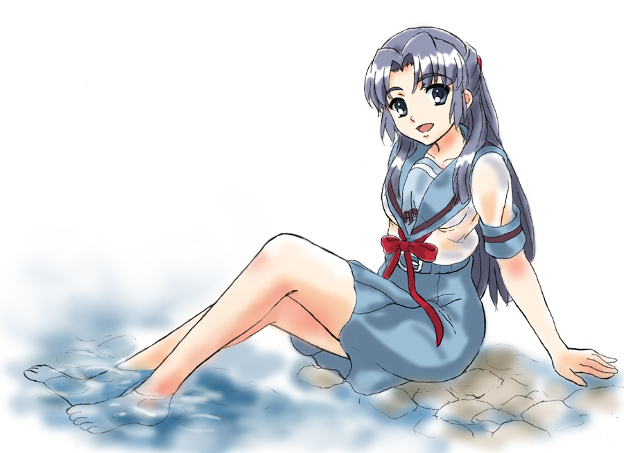 fujita (speedlimit), asakura ryoko, suzumiya haruhi no yuuutsu, 00s, barefoot, blue eyes, blue hair, feet, long hair, school uniform, serafuku, solo, submerged, water