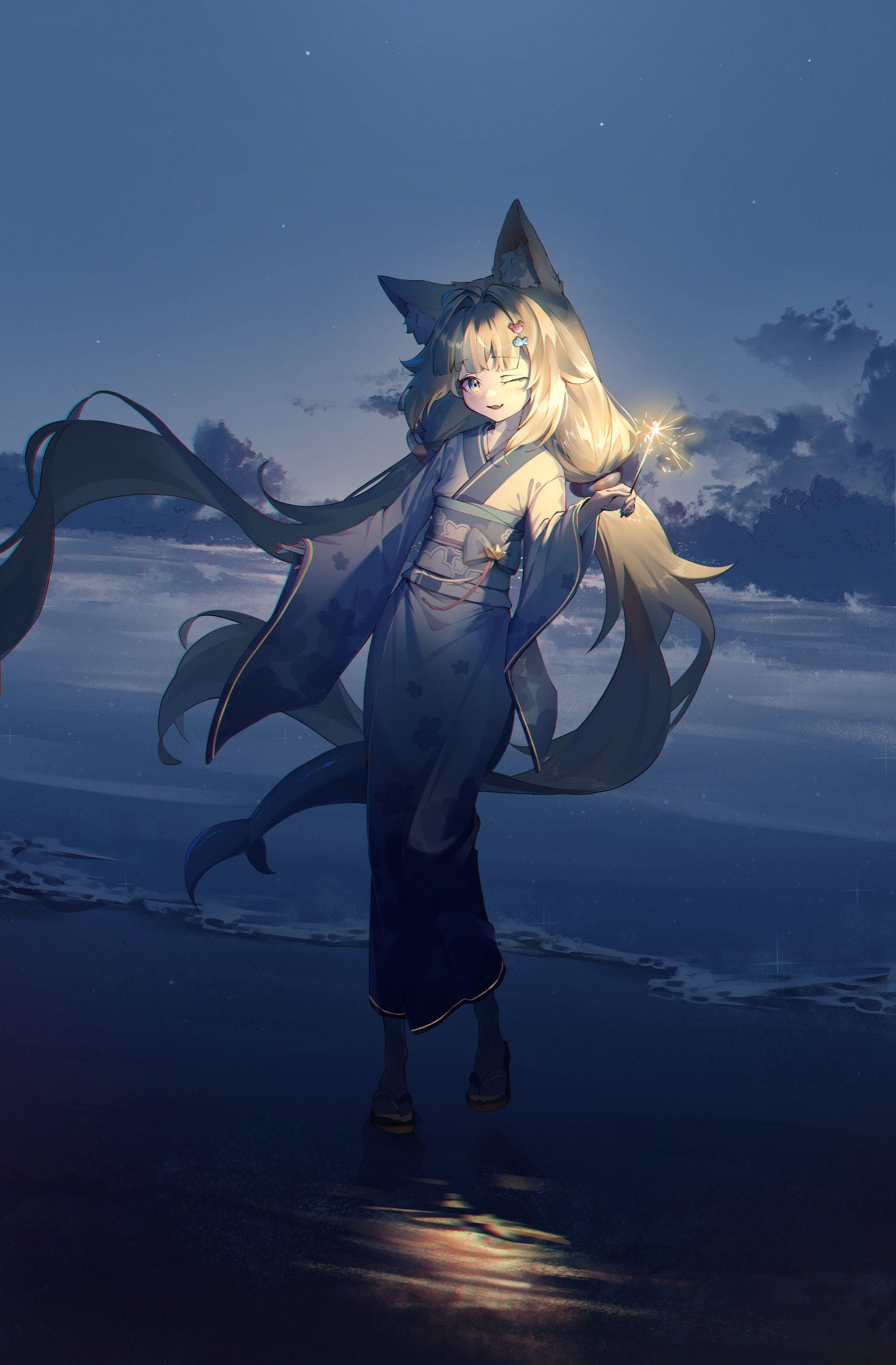 lazyfox, sameko saba, indie virtual youtuber, absurdres, commentary, highres, 1girl, ;d, ahoge, alternate costume, animal ears, beach, blonde hair, blue eyes, blue hair, blue streaks, cat ears, fins, fish girl, fish tail, floating hair, full body, holding, holding fireworks, japanese clothes, kimono, long hair, looking at viewer, low twintails, multicolored hair, night, one eye closed, open mouth, outdoors, sandals, smile, solo, standing, streaked hair, tail, twintails, very long hair, virtual youtuber, white streaks, wide sleeves, zouri