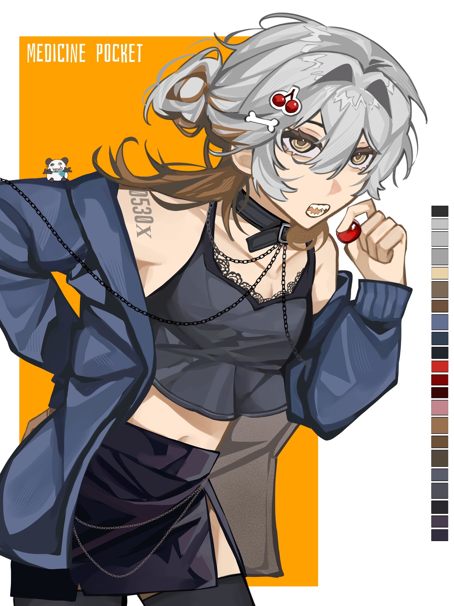 medicine pocket, reverse:1999, highres, 1other, airtree, alternate costume, animal, animal on shoulder, bare shoulders, black camisole, black choker, black skirt, black thighhighs, blue jacket, bone hair ornament, border, brown hair, camisole, character name, cherry hair ornament, choker, colored tips, cowboy shot, food-themed hair ornament, hair between eyes, hair ornament, hand up, holding, jacket, leaning forward, looking at viewer, medium hair, midriff, miniskirt, mouse (animal), multicolored hair, navel, open clothes, open jacket, open mouth, outside border, pencil skirt, sharp teeth, shoulder tattoo, side slit, skirt, solo, tattoo, teeth, thighhighs, white border, white hair, yellow background, yellow eyes