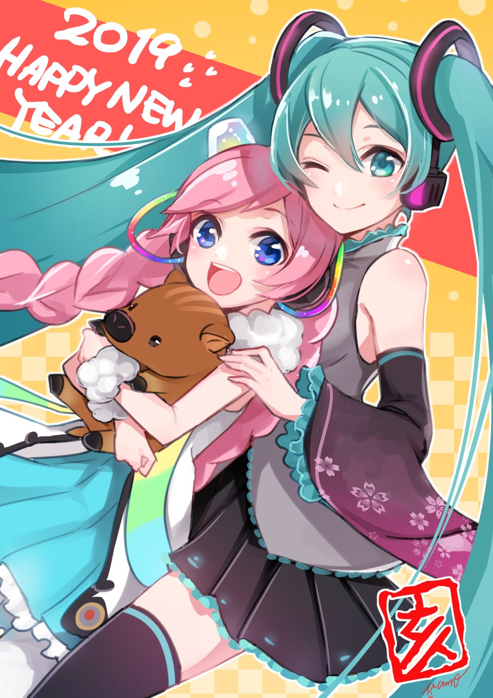 mamo (fortune-mm), hatsune miku, vocaloid, commentary request, highres, 2019, 2girls, aqua eyes, aqua hair, aqua skirt, aqua trim, black skirt, black sleeves, black thighhighs, braid, closed mouth, detached sleeves, grey shirt, hair between eyes, happy new year, headphones, hug, hugging doll, hugging object, long hair, long sleeves, looking at viewer, miniskirt, multiple girls, new year, one eye closed, open mouth, pink hair, pleated skirt, shirt, skirt, sleeveless, sleeveless shirt, stuffed animal, stuffed toy, teeth, thighhighs, twin braids, twintails, upper teeth only, very long hair, white shirt, wide sleeves