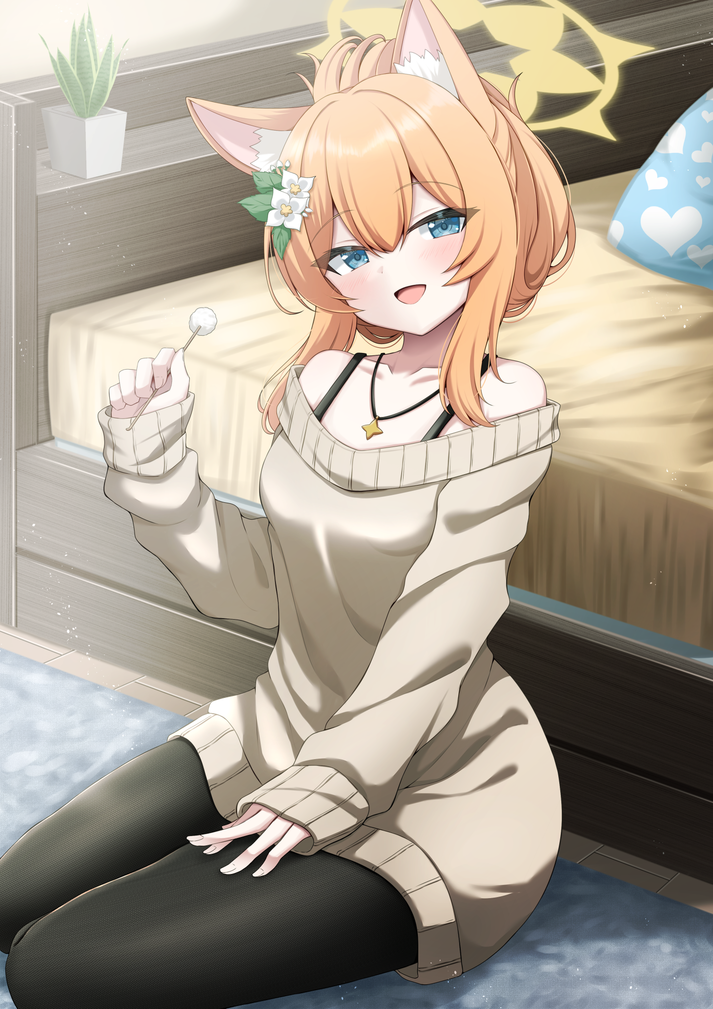 kamesys, mari (blue archive), blue archive, highres, 1girl, alternate costume, alternate hairstyle, animal ears, bed, bedroom, black pantyhose, blue eyes, breasts, carpet, casual, cat ears, cat girl, collarbone, flower, hair flower, hair ornament, halo, head tilt, indoors, jewelry, lap pillow invitation, light blush, looking at viewer, medium breasts, mimikaki, necklace, open mouth, orange hair, pantyhose, pillow, plant, potted plant, sidelocks, sleeves past wrists, smile, solo, star (symbol), star necklace, sweater