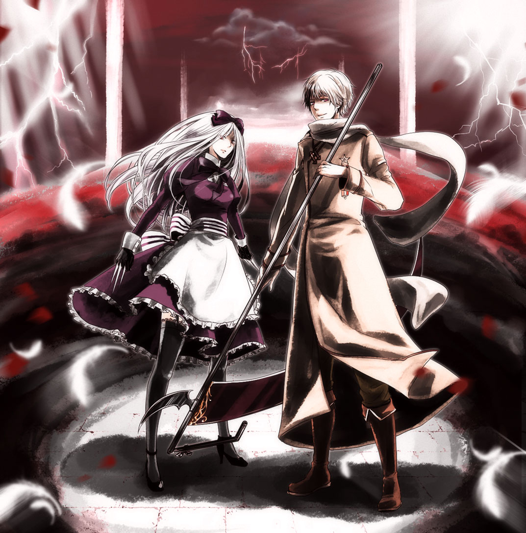 crelica, belarus (hetalia), russia (hetalia), axis powers hetalia, silver hair, uniform, 00s, knife, long hair, ribbon, scarf, scythe, short hair, thighhighs