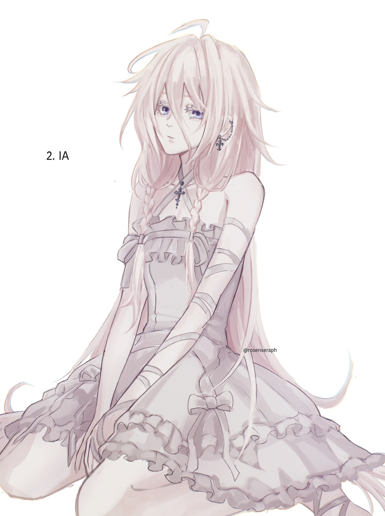 ia (vocaloid), vocaloid, commentary, english commentary, highres, 1girl, ahoge, bandaged arm, bandages, bare shoulders, blonde hair, character name, closed mouth, collarbone, colored eyelashes, cross, cross earrings, cross necklace, dress, earrings, expressionless, frilled dress, frills, jewelry, looking at viewer, necklace, purple eyes, ribbon, rozenseraph, simple background, sitting, solo, twitter username, wariza, white background, white dress, white ribbon