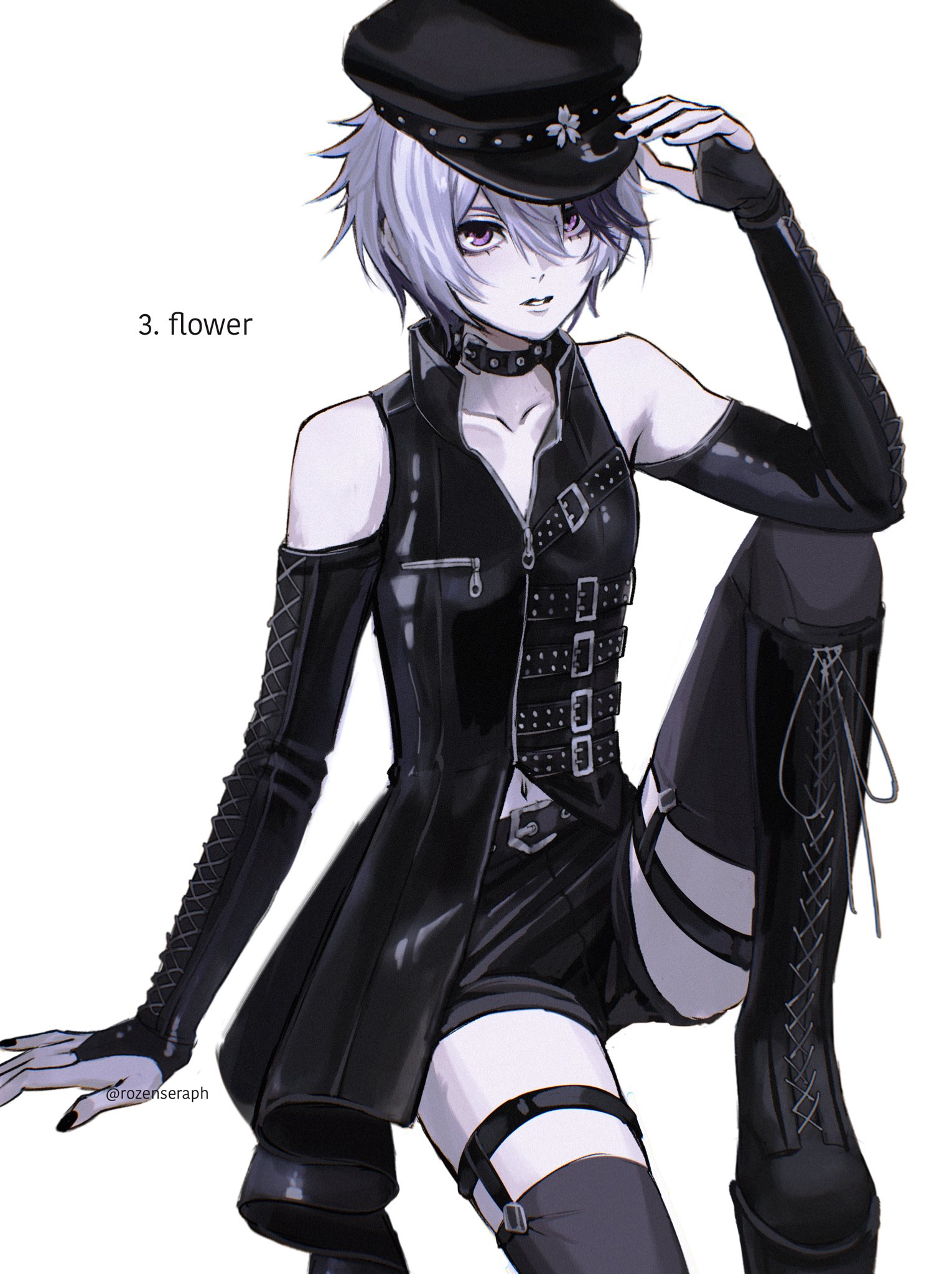 flower (vocaloid), flower (vocaloid4), vocaloid, commentary, english commentary, highres, 1girl, adjusting clothes, adjusting headwear, alternate costume, belt, belt collar, black boots, black collar, black gloves, black hat, black jacket, black nails, black pantyhose, boots, character name, collar, elbow gloves, gloves, hand on floor, hat, jacket, looking at viewer, multicolored hair, multiple belts, pantyhose, parted lips, punk, purple eyes, purple hair, rozenseraph, short hair, simple background, sitting, solo, streaked hair, thigh strap, tomboy, twitter username, white background, white hair