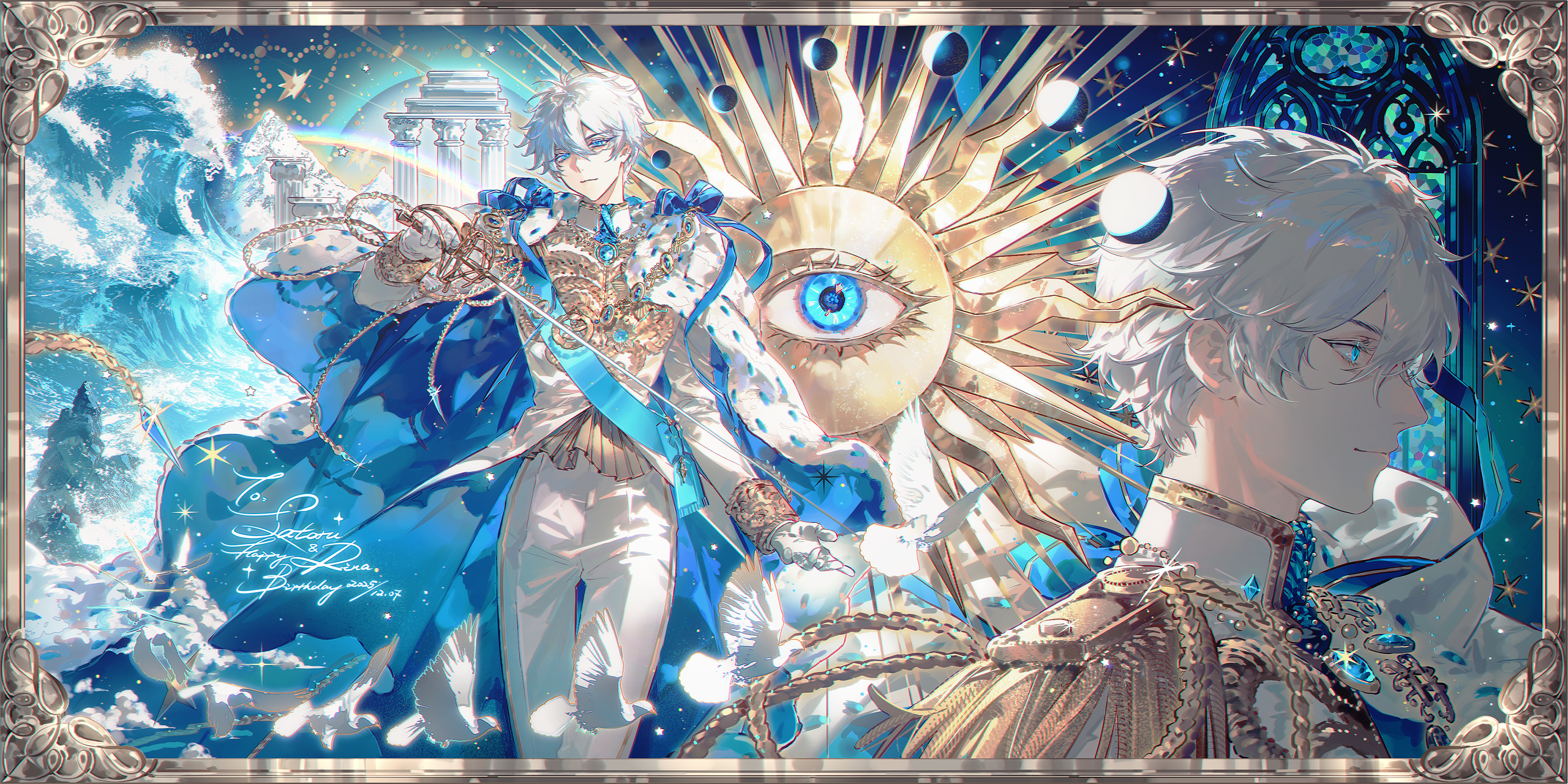 original, absurdres, highres, 1boy, bird, blue cape, blue theme, border, cape, closed mouth, cowboy shot, dove, epaulettes, eyelashes, fur-trimmed cape, fur trim, gloves, hair between eyes, hanano2548, holding, holding sword, holding weapon, lens flare, long sleeves, looking at viewer, multiple views, ocean, ornate border, pants, profile, shirt, short hair, sidelocks, snow, stained glass, standing, star (symbol), sun symbol, sword, tree, two-sided fabric, upper body, waves, weapon, white bird, white gloves, white hair, white pants, window