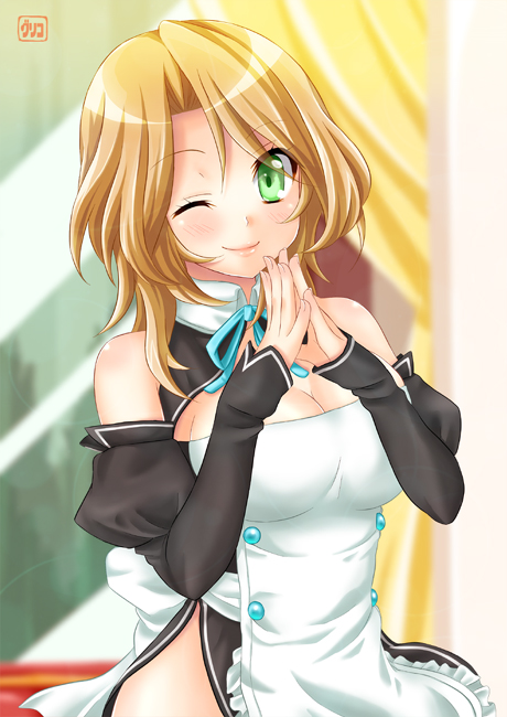 pengin guriko, futaba riho, dream c club, dream c club (series), 1girl, apron, blonde hair, breasts, cleavage, female focus, green eyes, large breasts, one eye closed, solo, waitress, wink