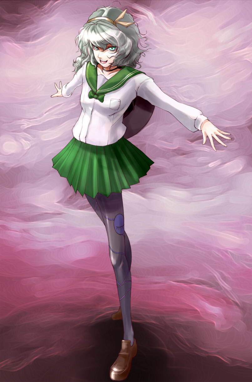 miatsushi, komeiji koishi, touhou, silver hair, bad id, bad pixiv id, highres, 1girl, alternate costume, female focus, green eyes, hairband, hat, heart, pantyhose, ribbon, school uniform, short hair, solo