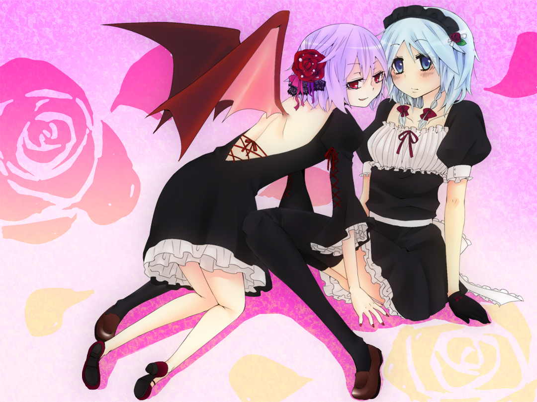 yumesuke, izayoi sakuya, remilia scarlet, touhou, silver hair, 2girls, bat wings, blue eyes, braid, dress, female focus, gloves, gradient background, multiple girls, purple hair, red eyes, short hair, thighhighs, twin braids, wings