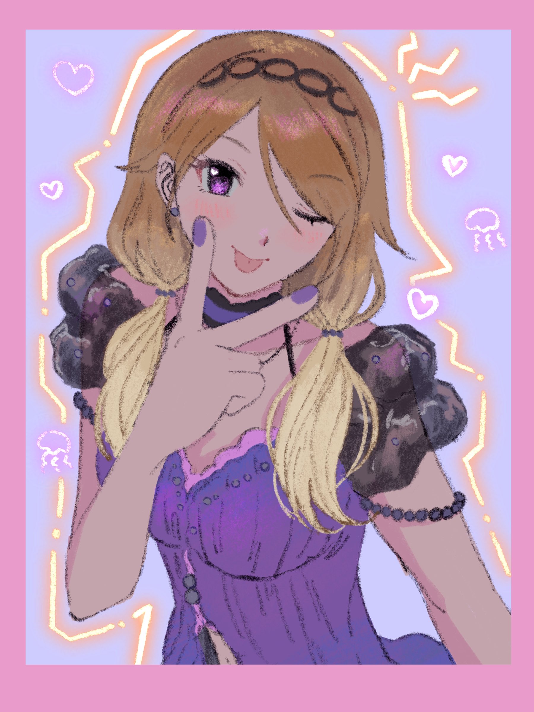 subro, izumi mei, idolmaster, idolmaster shiny colors, absurdres, highres, 1girl, ;p, black hairband, blonde hair, border, breasts, brown hair, cleavage, dark-skinned female, dark skin, earrings, gradient hair, hairband, hand up, heart, jewelry, long hair, looking at viewer, low twintails, multicolored hair, nail polish, one eye closed, pink border, purple eyes, purple nails, purple shirt, shirt, smile, solo, tongue, tongue out, twintails, upper body, v, v over mouth