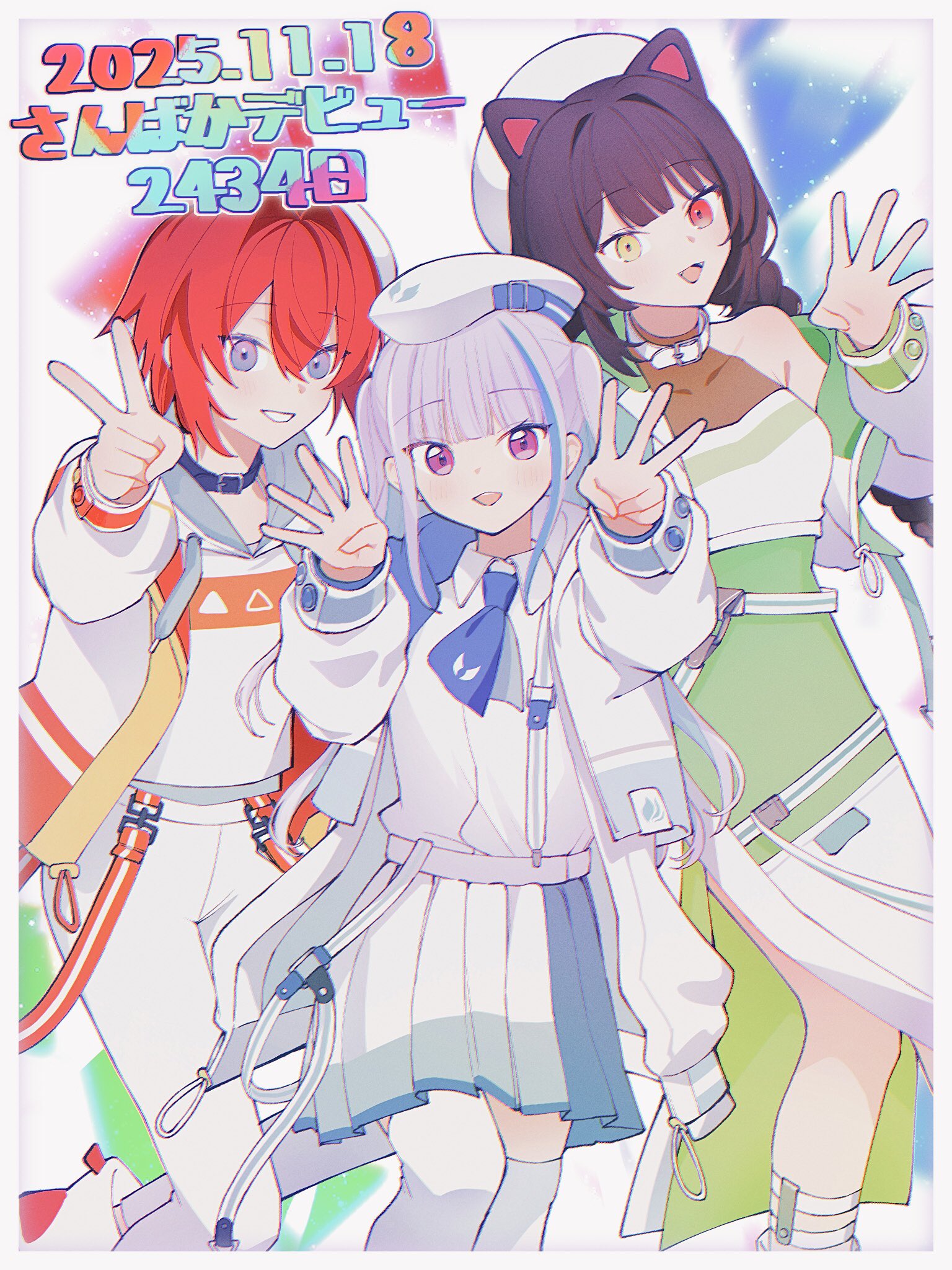 sen izm, ange katrina, inui toko, lize helesta, nijisanji, commentary request, highres, translation request, 3girls, animal ears, beret, black collar, blue hair, blue necktie, blush, border, braid, breasts, brown hair, collar, collarbone, collared shirt, dated, dog ears, dress, fangs, finger counting, gradient eyes, green dress, grey border, grey eyes, grey hair, grin, hair between eyes, hair intakes, halter dress, halterneck, hand up, hands up, hat, heterochromia, jacket, long sleeves, looking at viewer, low twin braids, medium breasts, milestone celebration, miniskirt, multicolored eyes, multicolored hair, multiple girls, necktie, open clothes, open jacket, open mouth, pants, pink eyes, pleated skirt, purple eyes, red eyes, red hair, sanbaka (nijisanji), shirt, shirt tucked in, short hair, short necktie, side slit, sidelocks, single bare shoulder, single off shoulder, skirt, smile, streaked hair, thighhighs, twin braids, twintails, two-tone hair, virtual youtuber, white collar, white hat, white jacket, white pants, white shirt, white skirt, white thighhighs, yellow eyes, zettai ryouiki