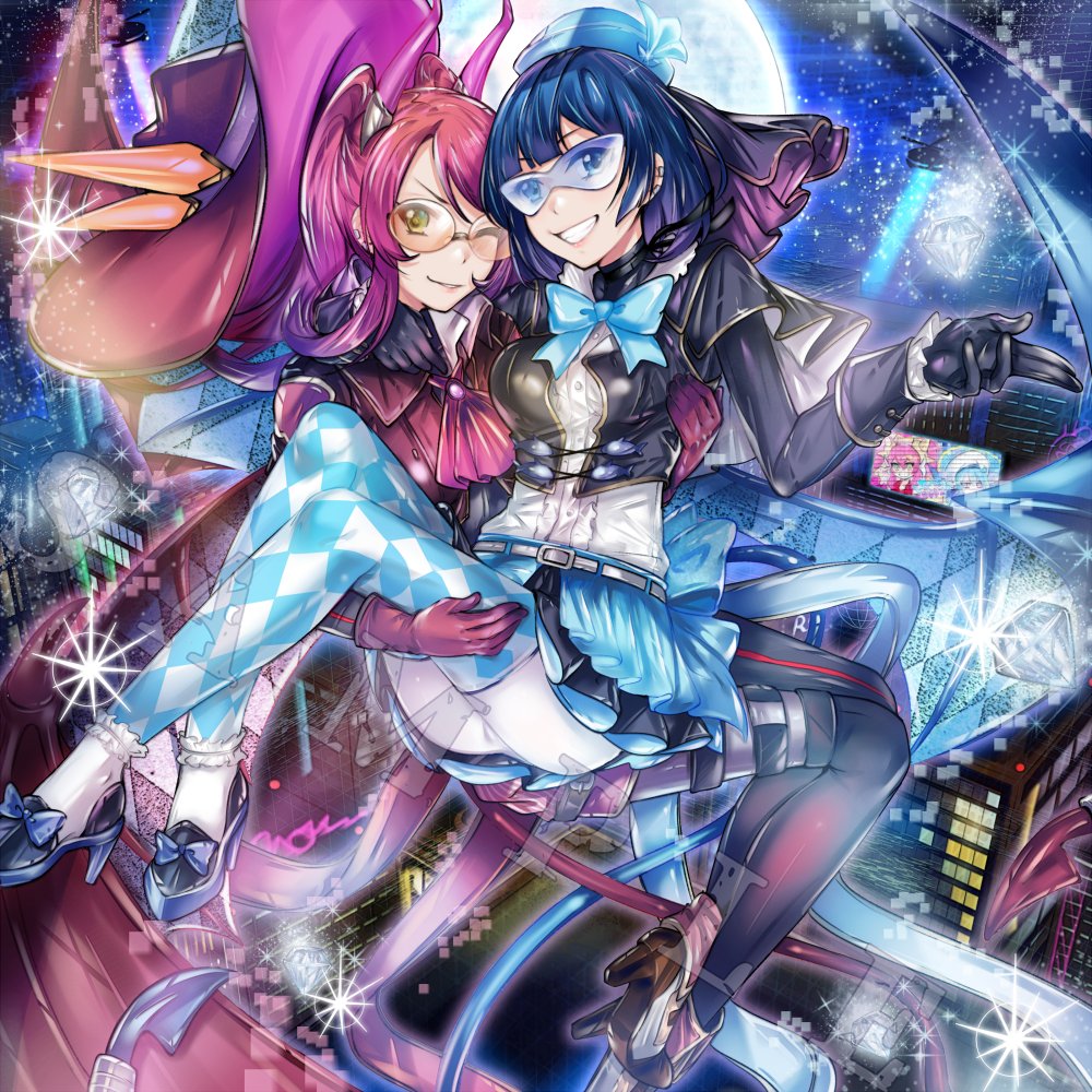 kalian, evil twin ki-sikil, evil twin lil-la, ki-sikil (yu-gi-oh!), lil-la (yu-gi-oh!), live twin ki-sikil, live twin lil-la, yu-gi-oh!, commentary request, 2girls, black gloves, black jacket, black skirt, blue-tinted eyewear, blue bow, blue eyes, blue hair, blue pantyhose, bow, carrying, checkered pantyhose, closed mouth, diamond (gemstone), duel monster, gloves, green eyes, hand on another's thigh, jacket, long hair, miniskirt, moon, multiple girls, one eye closed, open mouth, pantyhose, princess carry, red-tinted eyewear, red hair, round eyewear, shirt, short hair, skirt, sunglasses, tinted eyewear, twintails, twitter username, white pantyhose, white shirt