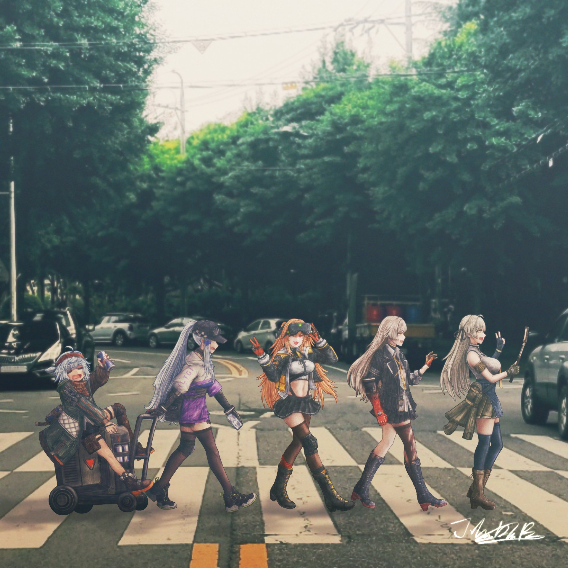 jhands onpc, g11 (girls' frontline), hk416 (girls' frontline), lainie (girls' frontline 2), lenna (girls' frontline 2), leva (girls' frontline 2), mechty (girls' frontline 2), ump40 (girls' frontline), ump45 (girls' frontline), ump9 (girls' frontline), girls' frontline, girls' frontline 2: exilium, highres, 404 (girls' frontline), 5girls, android, armband, baseball cap, black hat, boots, breasts, brown hair, flat chest, gloves, hat, long hair, long sleeves, mechanical arms, multiple girls, prosthesis, prosthetic arm, scar, scar across eye, scar on face, shirt, single mechanical arm, twintails, white hair
