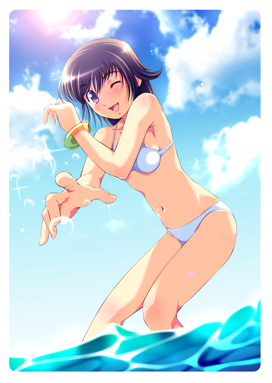 pei, original, highres, 1girl, bikini, bracelet, brown eyes, brown hair, day, female focus, jewelry, lens flare, one eye closed, short hair, solo, splashing, sun, swimsuit, wading, water, wink