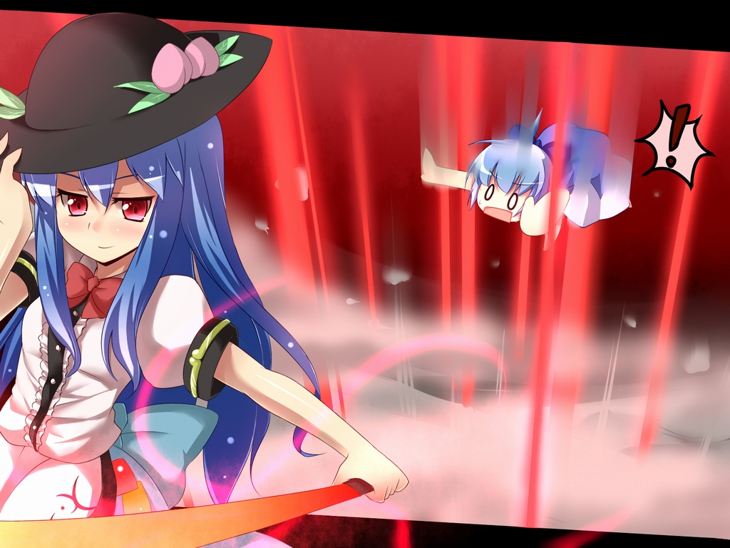 binsen, cirno, hinanawi tenshi, touhou, !, 0 0, 2girls, blue hair, bow, falling, food, fruit, hair bow, hat, long hair, multiple girls, peach, red eyes, sword, sword of hisou, weapon