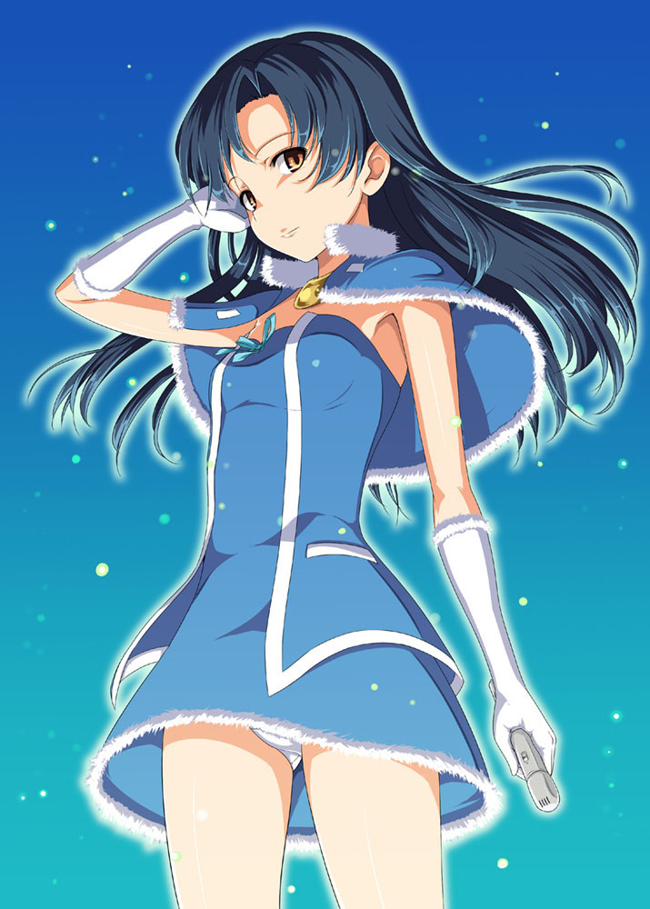 takayaki, kisaragi chihaya, idolmaster, idolmaster (classic), 00s, 1girl, blue background, blue theme, cowboy shot, cute & girly (idolmaster), elbow gloves, female focus, gloves, gradient background, long hair, microphone, panties, pantyshot, solo, underwear, upskirt, white gloves, yellow eyes