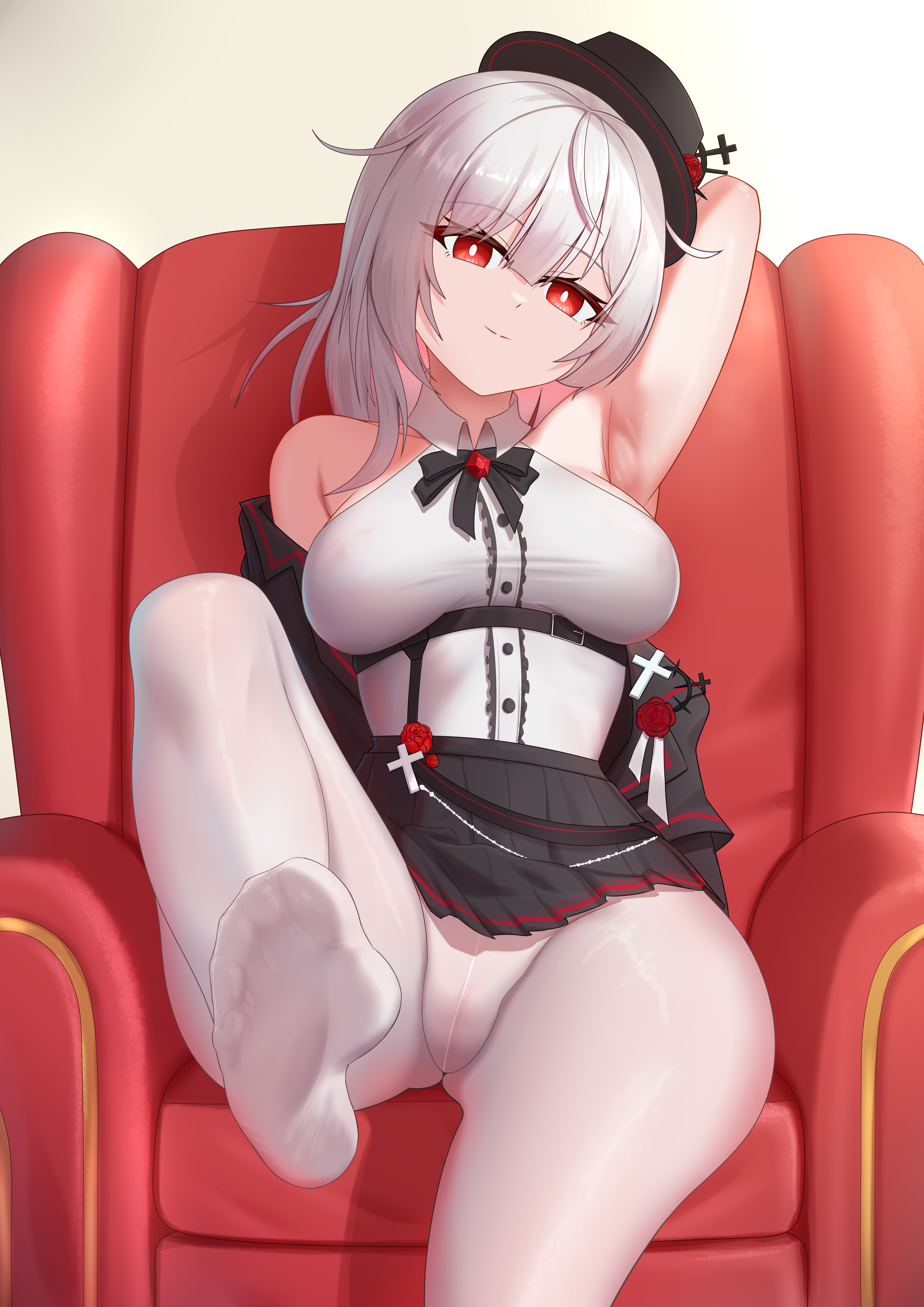 onepony788, original, absurdres, highres, 1girl, armchair, chair, feet, hat, long hair, looking at viewer, pantyhose, red eyes, sitting, smile, soles, toes, white hair, white pantyhose