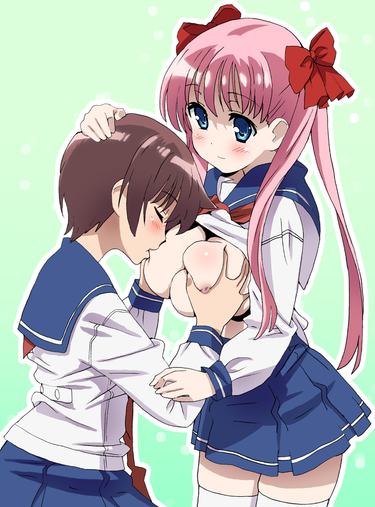 homing (areya), haramura nodoka, miyanaga saki, saki (manga), 00s, 2girls, blue eyes, blush, bow, breast sucking, breasts, brown hair, closed eyes, hair bow, hand on another's head, large breasts, long hair, multiple girls, pink hair, school uniform, serafuku, short hair, thighhighs, twintails, yuri, zettai ryouiki