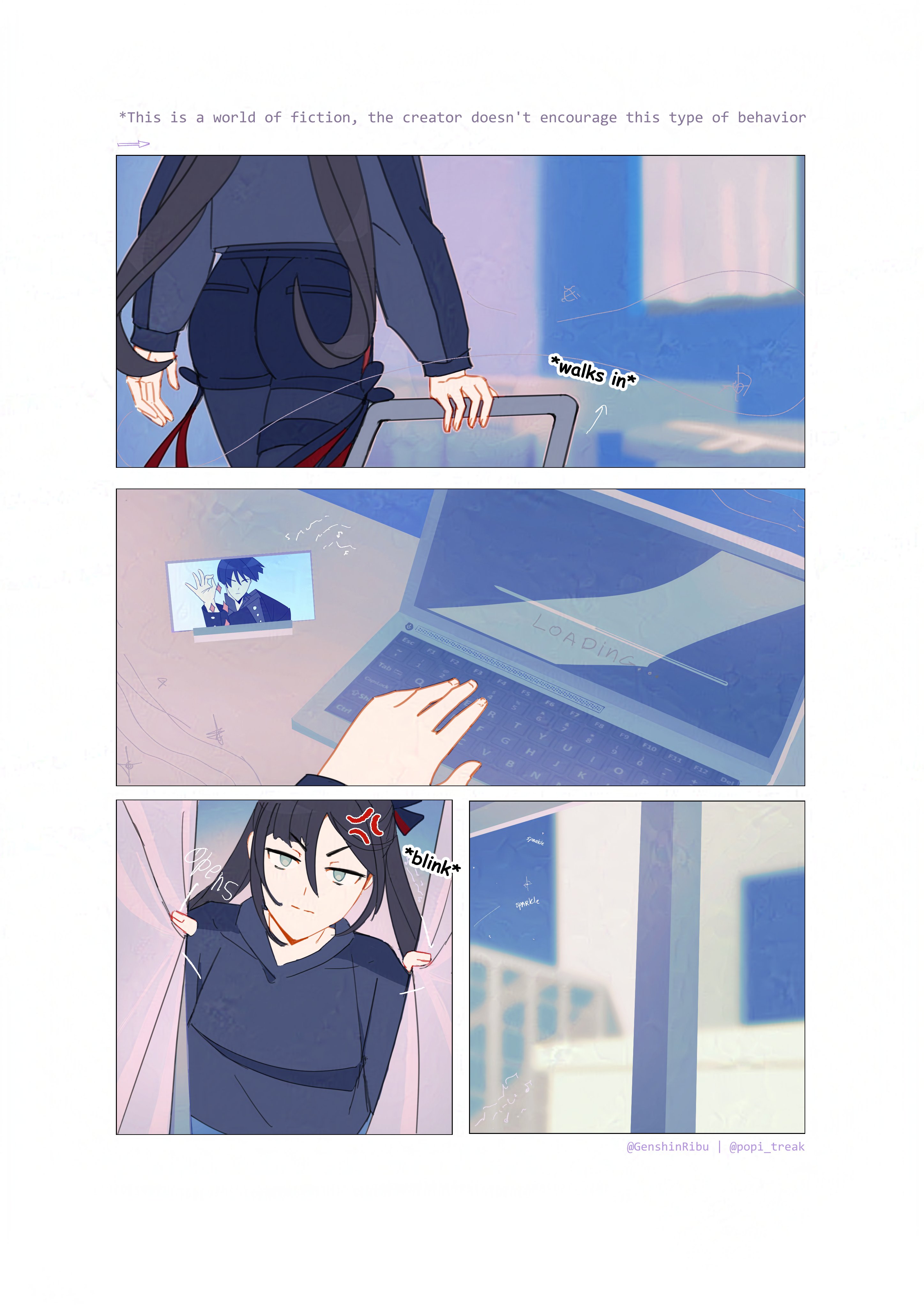 genshinribu, mona (genshin impact), scaramouche (genshin impact), genshin impact, absurdres, highres, 1boy, 1girl, alternate costume, alternate universe, anger vein, aqua eyes, arrow (symbol), artist name, black hair, black hood, black hoodie, black pantyhose, black shorts, black sleeves, casual, closed mouth, computer, contemporary, curtains, english text, fingernails, frown, holding, hood, hood down, hoodie, indoors, laptop, left-to-right manga, long hair, long sleeves, looking at viewer, meme, open hand, opening curtains, pantyhose, salt bae (meme), shorts, sidelocks, split mouth, thigh strap, twintails