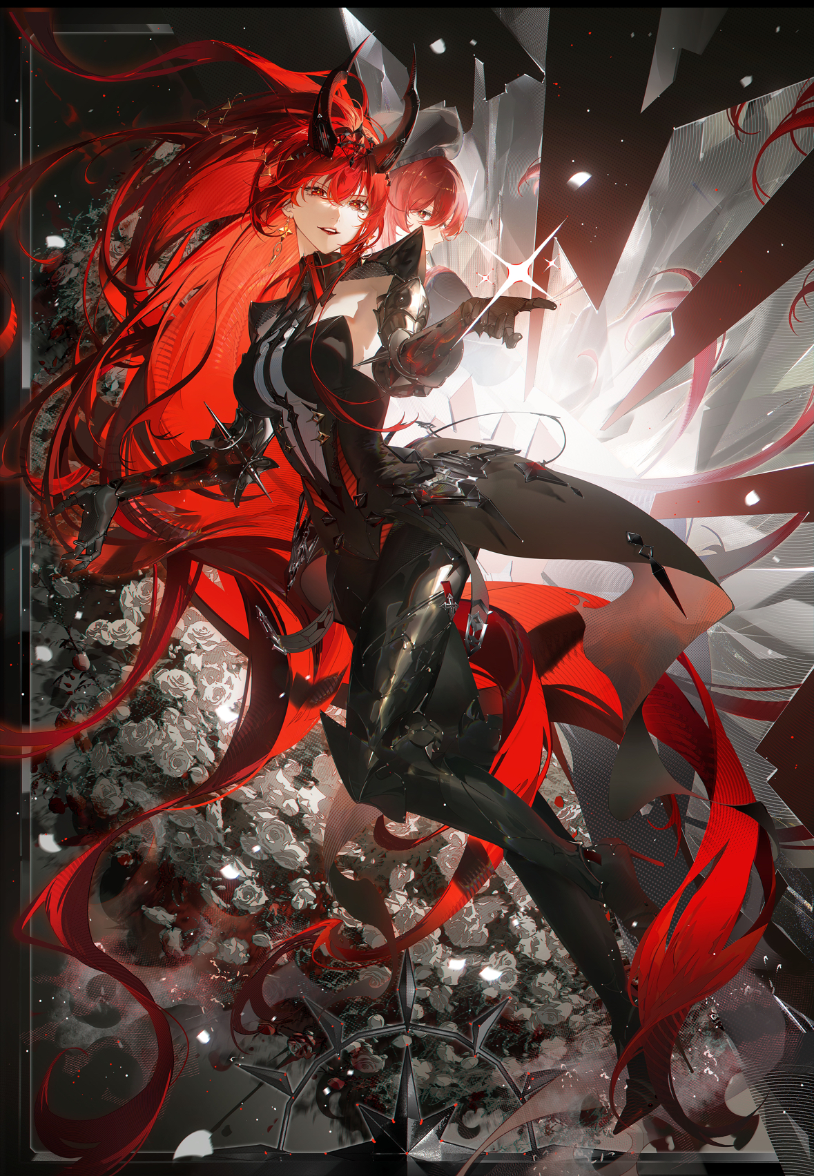 original, highres, 1girl, armor, black boots, black gloves, black leotard, black pantyhose, boots, breasts, broken glass, earrings, eyelashes, flower, full body, gauntlets, glass, gloves, hair between eyes, hair ornament, hanano2548, horns, jewelry, leotard, light particles, lips, long hair, looking at viewer, pantyhose, parted lips, red eyes, red hair, red horns, red lips, rose, shoulder armor, sideboob, sidelocks, solo, teeth, tiara, very long hair, white flower, white rose