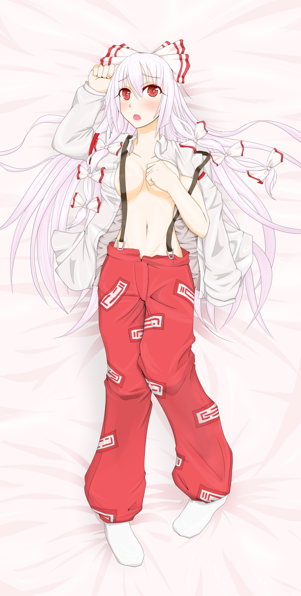 matsura (nagatosan), nagatosan, fujiwara no mokou, touhou, silver hair, highres, 1girl, blush, bow, breasts, cleavage, dakimakura (medium), female focus, full body, hair bow, hair ribbon, long hair, multiple hair bows, no bra, open clothes, open shirt, red eyes, ribbon, shirt, socks, solo, suspenders