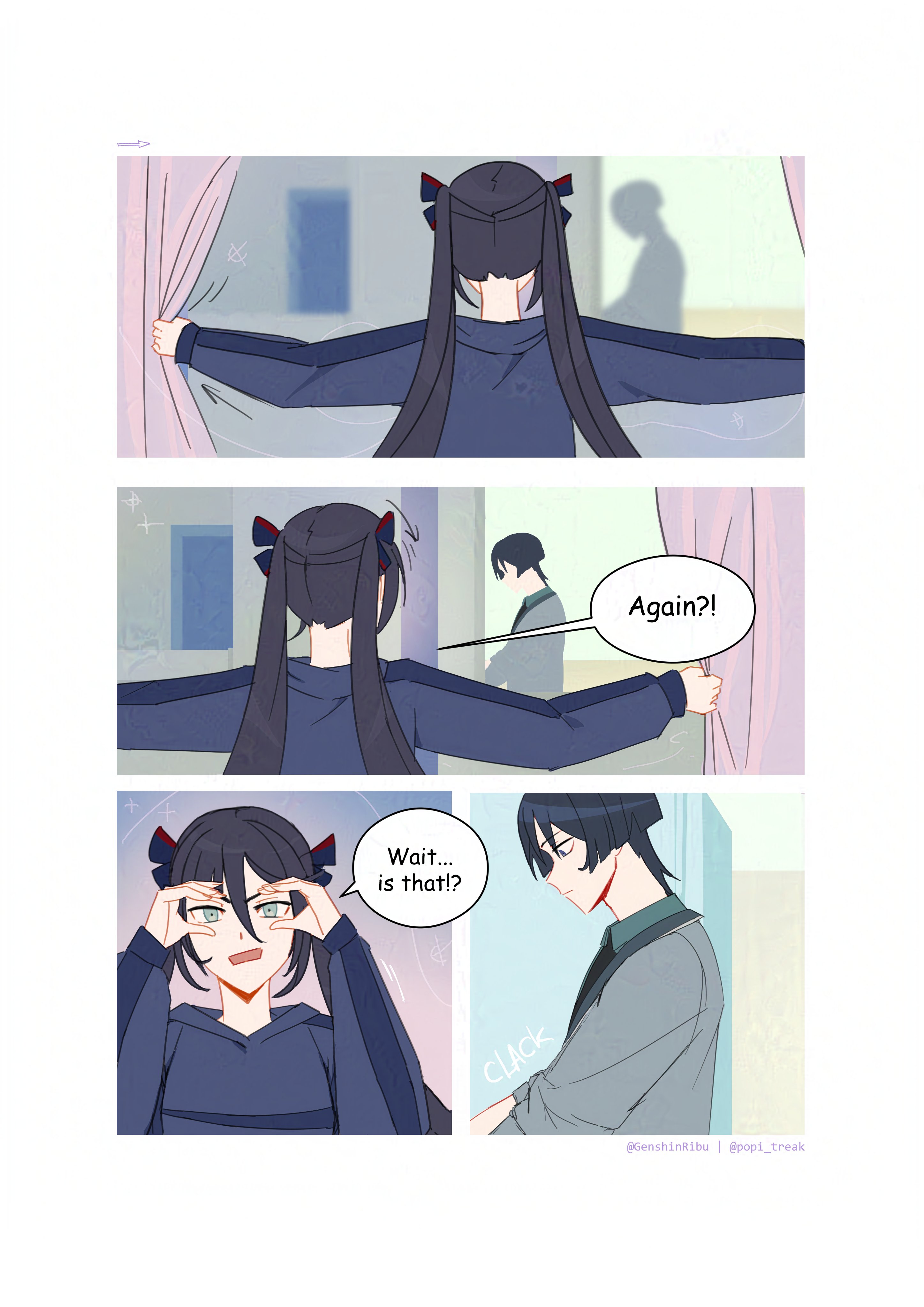 genshinribu, mona (genshin impact), scaramouche (genshin impact), genshin impact, absurdres, highres, 1boy, 1girl, alternate costume, alternate universe, aqua eyes, arrow (symbol), artist name, binocular hands, black hair, black hood, black hoodie, black ribbon, black sleeves, blunt ends, casual, closed mouth, contemporary, curtains, english text, facing another, grey jacket, grey sleeves, hair between eyes, hair ribbon, head down, hood, hood down, hoodie, jacket, left-to-right manga, long hair, long sleeves, looking at viewer, looking down, open mouth, opening curtains, outstretched arms, red trim, ribbon, sidelocks, sleeves rolled up, sound effects, speech bubble, spread arms, swept bangs, twintails, window