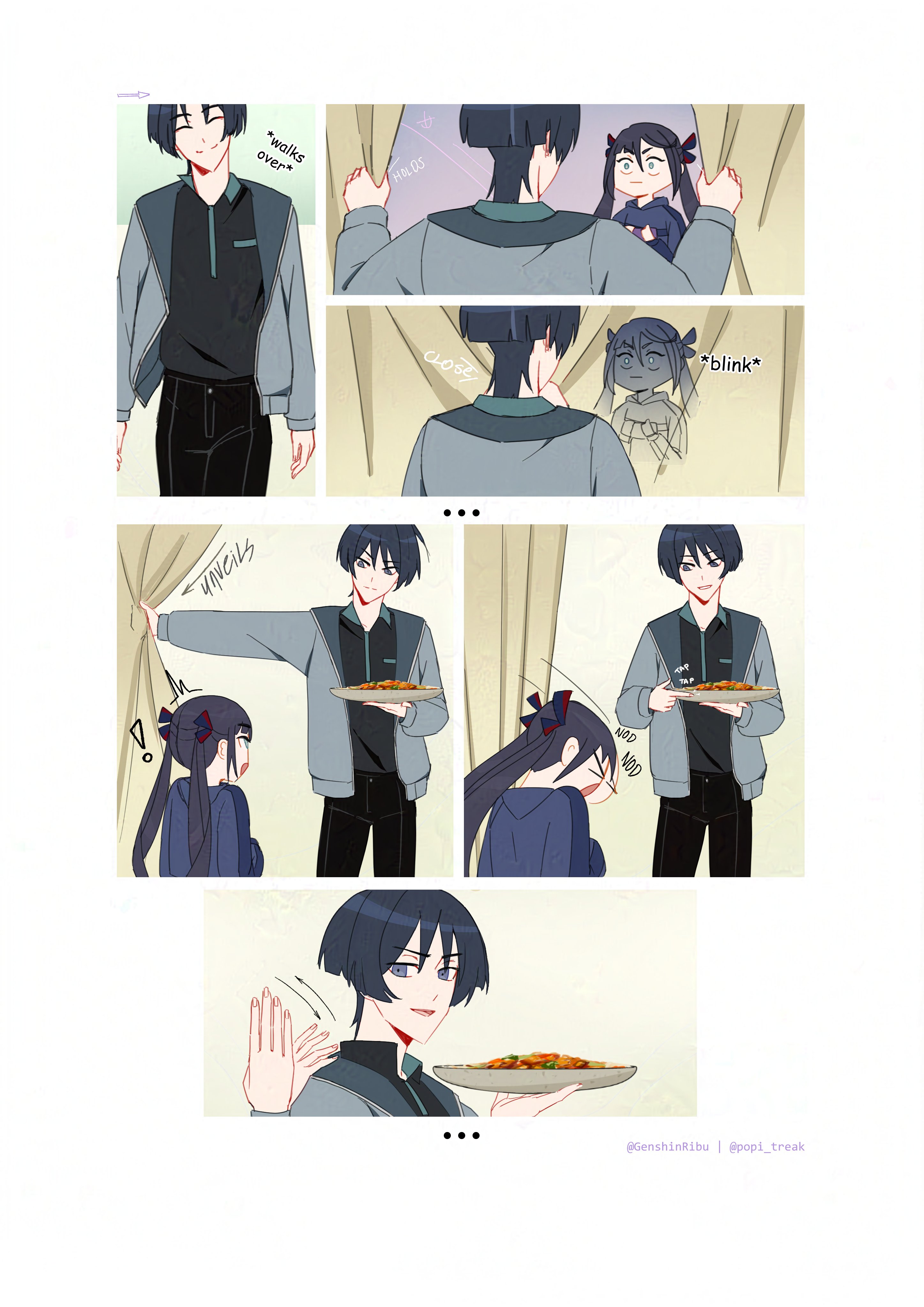 genshinribu, mona (genshin impact), scaramouche (genshin impact), genshin impact, absurdres, highres, …, 1boy, 1girl, ^^^, alternate costume, alternate universe, arms at sides, arrow (symbol), artist name, asymmetrical bangs, black hair, black hood, black hoodie, black pants, black shirt, black sleeves, blunt bangs, blunt ends, breast pocket, casual, cellphone, closed eyes, closed mouth, collar, collared shirt, contemporary, curtains, english text, facing another, facing viewer, food, green collar, grey hair, grey jacket, grey sleeves, hair between eyes, hands up, head tilt, holding, holding phone, holding plate, hood, hood down, hoodie, jacket, left-to-right manga, long hair, long sleeves, looking at another, multicolored hair, nodding, open clothes, open jacket, pants, parted bangs, parted lips, phone, plate, pocket, shirt, smartphone, smile, sound effects, split mouth, streaked hair, twintails, undershirt, walking, waving hands, white mouth, wide-eyed