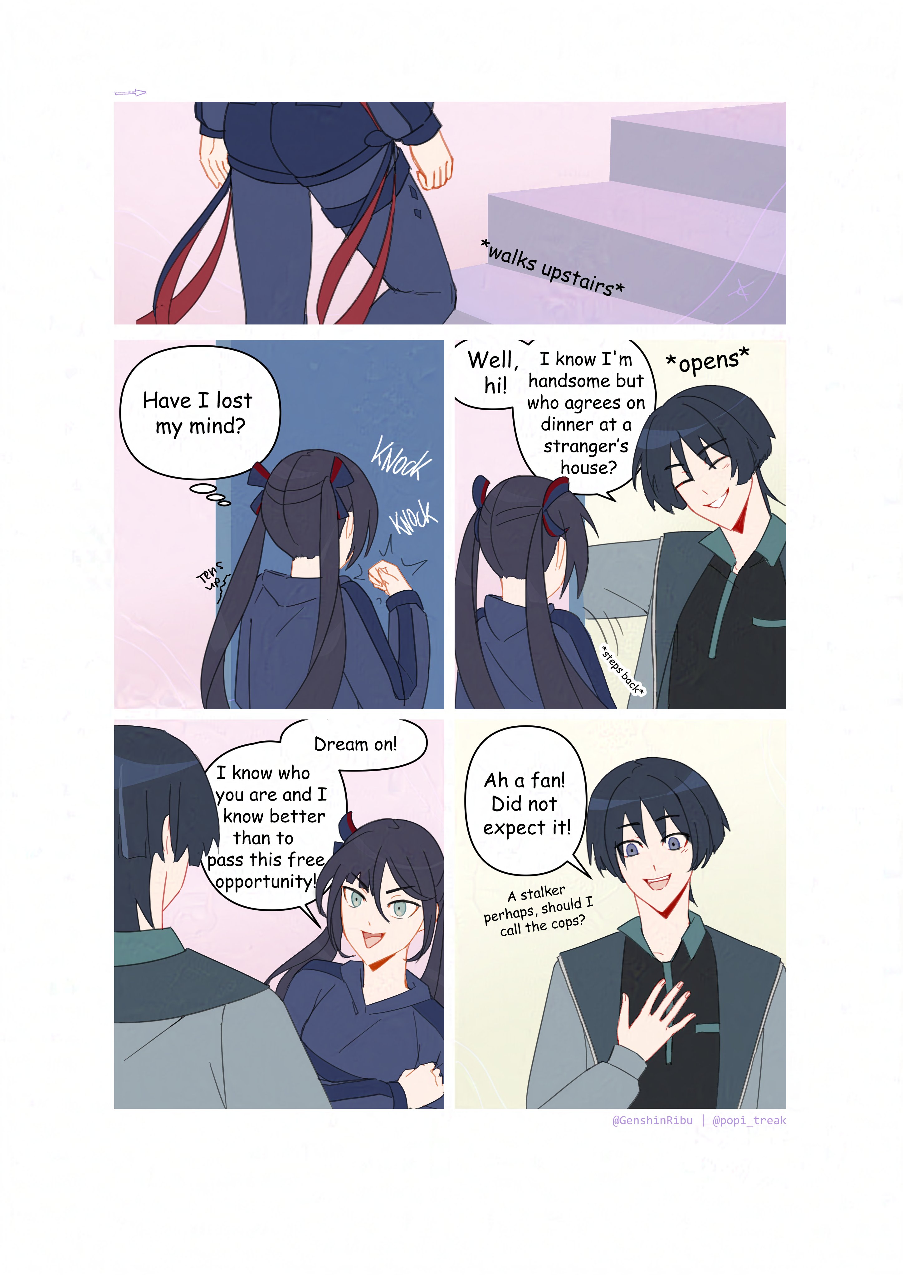 genshinribu, mona (genshin impact), scaramouche (genshin impact), genshin impact, absurdres, highres, 1boy, 1girl, alternate costume, alternate universe, aqua eyes, arms at sides, arrow (symbol), artist name, black hair, black pantyhose, black ribbon, black shirt, black shorts, black sleeves, blunt ends, breast pocket, casual, clenched hand, collar, collared shirt, contemporary, english text, facing another, fingernails, green collar, grey jacket, grey sleeves, hair ribbon, hand on own chest, hand up, head tilt, jacket, knocking, lapels, left-to-right manga, long hair, long sleeves, looking at another, mid-stride, open clothes, open jacket, open mouth, pantyhose, pocket, red ribbon, ribbon, shirt, shorts, sidelocks, smile, speech bubble, stairs, thigh strap, tsurime, twintails, two-sided ribbon, undershirt, white mouth, wispy bangs