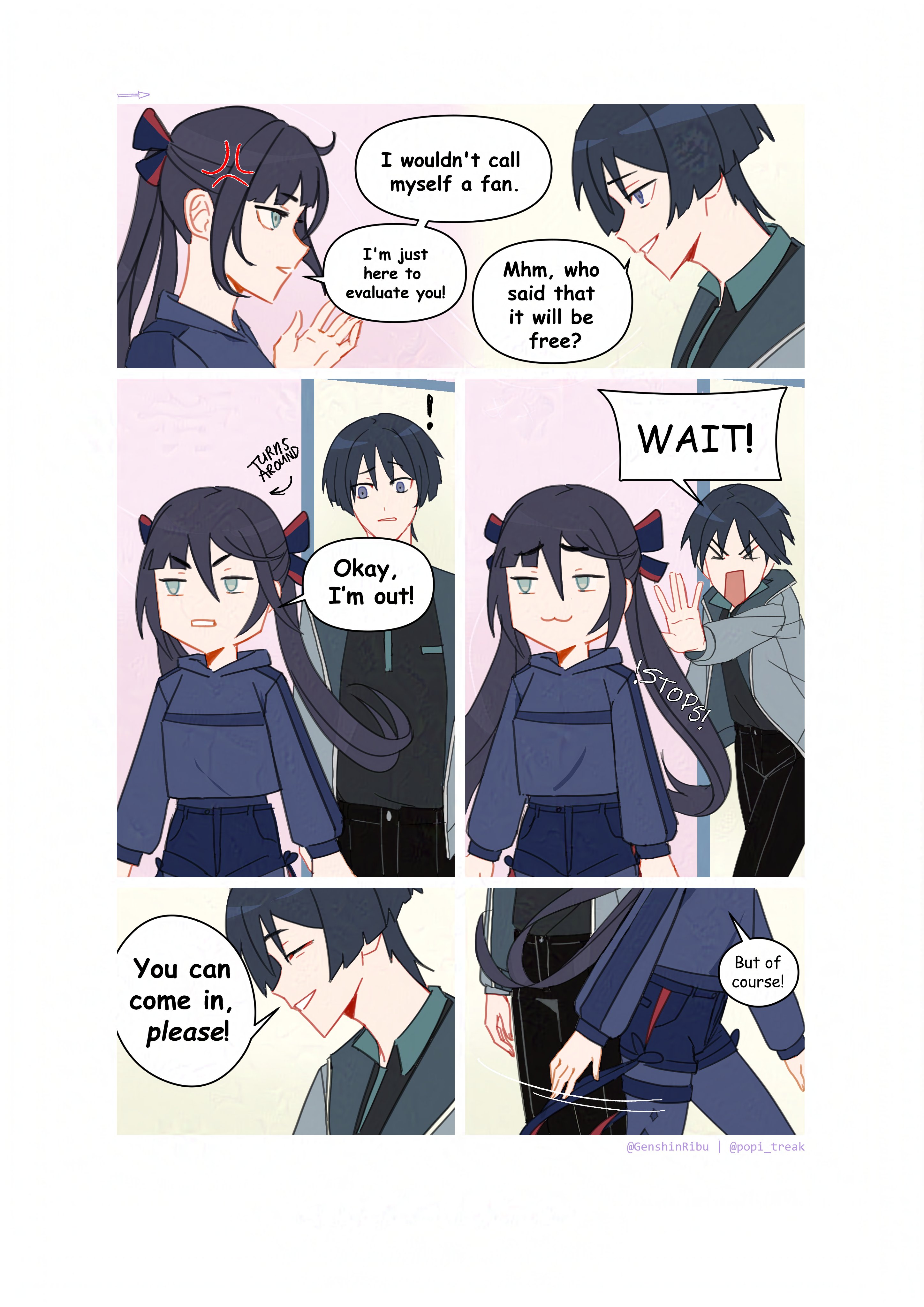 genshinribu, mona (genshin impact), scaramouche (genshin impact), genshin impact, absurdres, highres, !, > <, 1boy, 1girl, :3, alternate costume, alternate universe, anger vein, aqua eyes, arms at sides, arrow (symbol), artist name, bags under eyes, black bodysuit, black hair, black hood, black hoodie, black pants, black ribbon, black shirt, black shorts, black sleeves, blunt bangs, blunt ends, bodysuit, breast pocket, casual, closed eyes, collar, contemporary, cowlick, english text, eyelashes, facing another, frown, green collar, grey eyes, grey jacket, hand up, hood, hood down, hoodie, jacket, lapels, left-to-right manga, long hair, long sleeves, looking at another, mid-stride, multiple views, open hand, open mouth, outstretched arm, pants, pocket, reaching, reaching towards another, red ribbon, ribbon, shirt, shorts, sidelocks, smirk, sound effects, speech bubble, thigh strap, tsurime, turnaround, twintails, two-sided ribbon, undershirt, walking away, white mouth