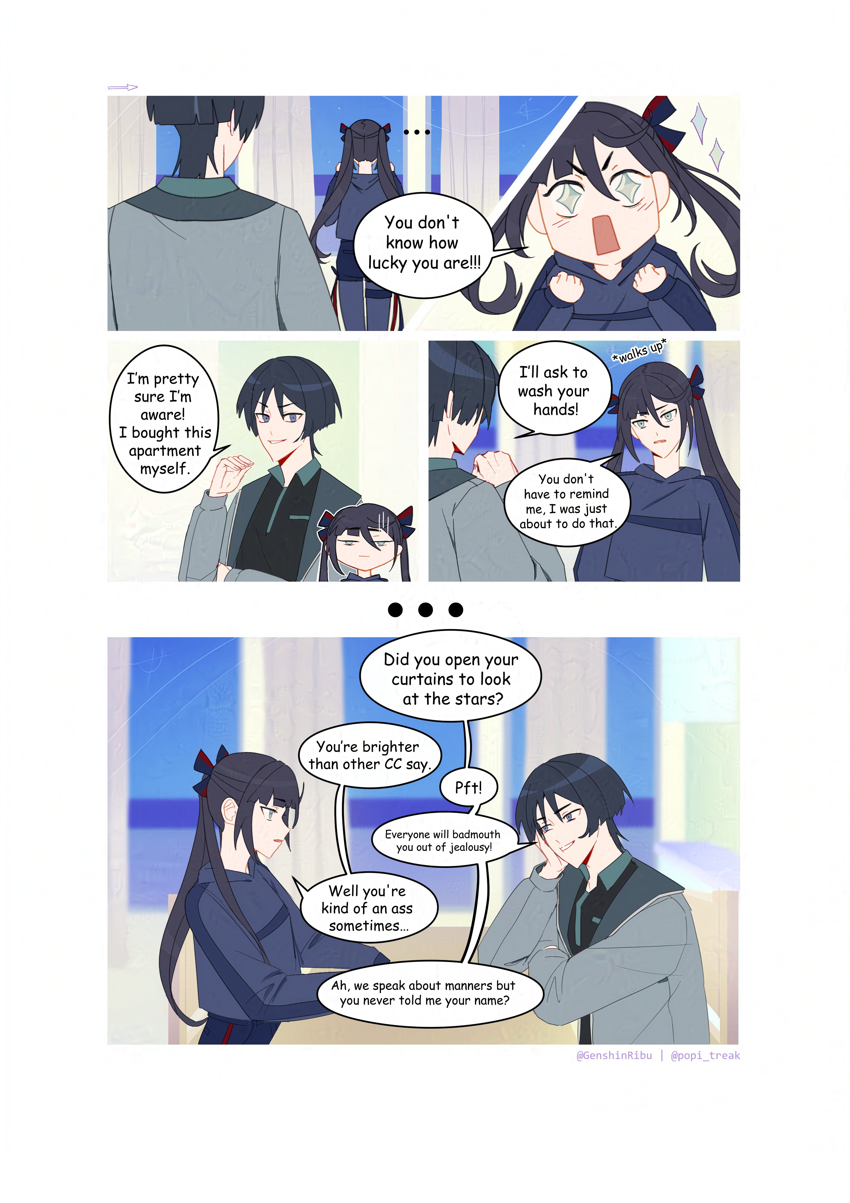 genshinribu, mona (genshin impact), scaramouche (genshin impact), genshin impact, black bodystocking, absurdres, highres, …, 1boy, 1girl, alternate costume, alternate universe, arm rest, arrow (symbol), artist name, asymmetrical bangs, black hair, black ribbon, black shirt, black shorts, black sleeves, blunt bangs, blunt ends, breast pocket, casual, chair, clenched hands, collar, collared shirt, contemporary, cowlick, crystal eye, curtains, elbow rest, english text, green collar, grey eyes, grey hair, grey jacket, grey sleeves, hair between eyes, hair ribbon, hand on own face, hands up, head rest, indoors, jacket, lapels, left-to-right manga, long hair, long sleeves, looking at another, multicolored hair, open clothes, open jacket, open mouth, parted bangs, parted lips, pocket, red ribbon, ribbon, shirt, shorts, sitting, smirk, speech bubble, streaked hair, table, thigh strap, twintails, two-sided ribbon, undershirt, white mouth, window, wispy bangs