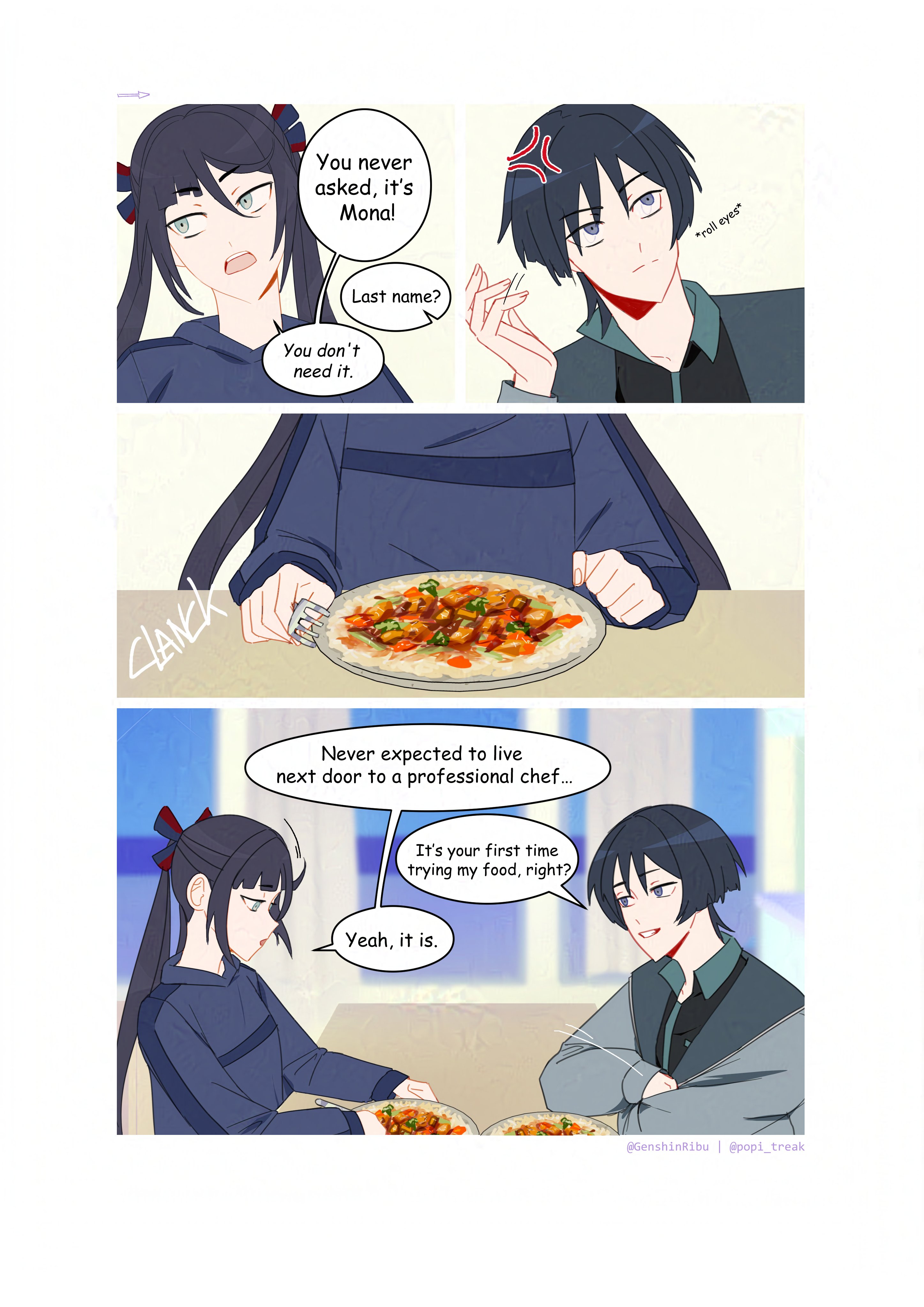 genshinribu, mona (genshin impact), scaramouche (genshin impact), genshin impact, absurdres, food request, highres, 1boy, 1girl, alternate costume, alternate universe, aqua eyes, arm rest, arrow (symbol), artist name, averting eyes, black hair, black hood, black hoodie, black ribbon, black shirt, black sleeves, blunt bangs, blunt ends, casual, clenched hand, closed mouth, collar, collared shirt, contemporary, crossed arms, english text, fingernails, food, fork, green collar, grey eyes, grey jacket, grey sleeves, hair between eyes, hair ribbon, hand up, head tilt, holding, holding fork, hood, hood down, hoodie, indoors, jacket, lapels, left-to-right manga, long hair, long sleeves, looking at food, looking to the side, looking up, motion lines, open mouth, parted bangs, plate, red ribbon, ribbon, rolling eyes, shirt, sidelocks, sitting, sound effects, speech bubble, split mouth, table, teeth, twintails, upper teeth only, wispy bangs