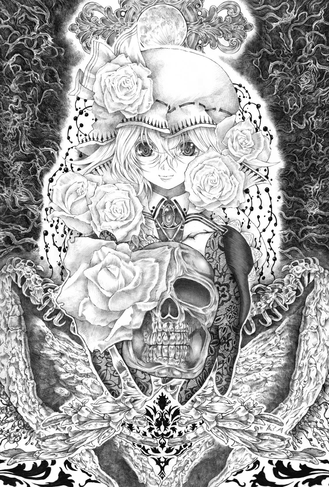 hasanishi, remilia scarlet, castlevania (series), koumajou densetsu, koumajou densetsu 1, touhou, bad id, bad pixiv id, graphite (medium), highres, traditional media, 1girl, female focus, flower, greyscale, monochrome, portrait, rose, skull, solo, thorns