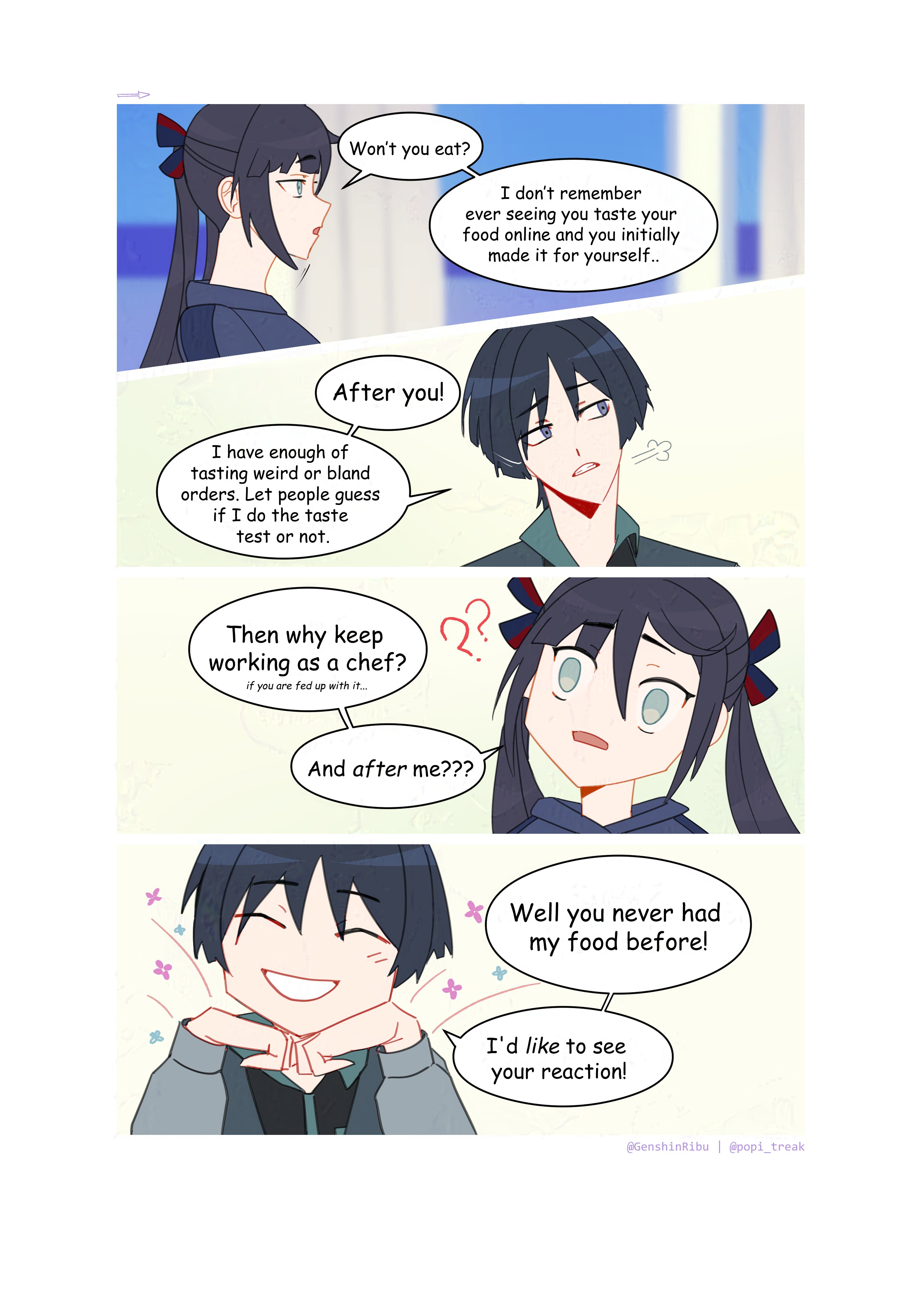 genshinribu, mona (genshin impact), scaramouche (genshin impact), genshin impact, absurdres, highres, 1boy, 1girl, ?, ??, alternate costume, alternate universe, aqua eyes, arrow (symbol), artist name, asymmetrical bangs, black hair, black hood, black hoodie, black ribbon, black shirt, blunt bangs, blunt ends, casual, clenched teeth, closed eyes, collar, collared shirt, contemporary, curtains, english text, facing viewer, green collar, grey eyes, grey jacket, hair between eyes, hair ribbon, hands on own face, head tilt, hood, hood down, hoodie, indoors, jacket, left-to-right manga, long hair, looking at viewer, looking to the side, open mouth, parted bangs, puff of air, red ribbon, ribbon, shirt, sidelocks, speech bubble, teeth, tsurime, twintails, undershirt, white mouth, wide-eyed, window, wispy bangs