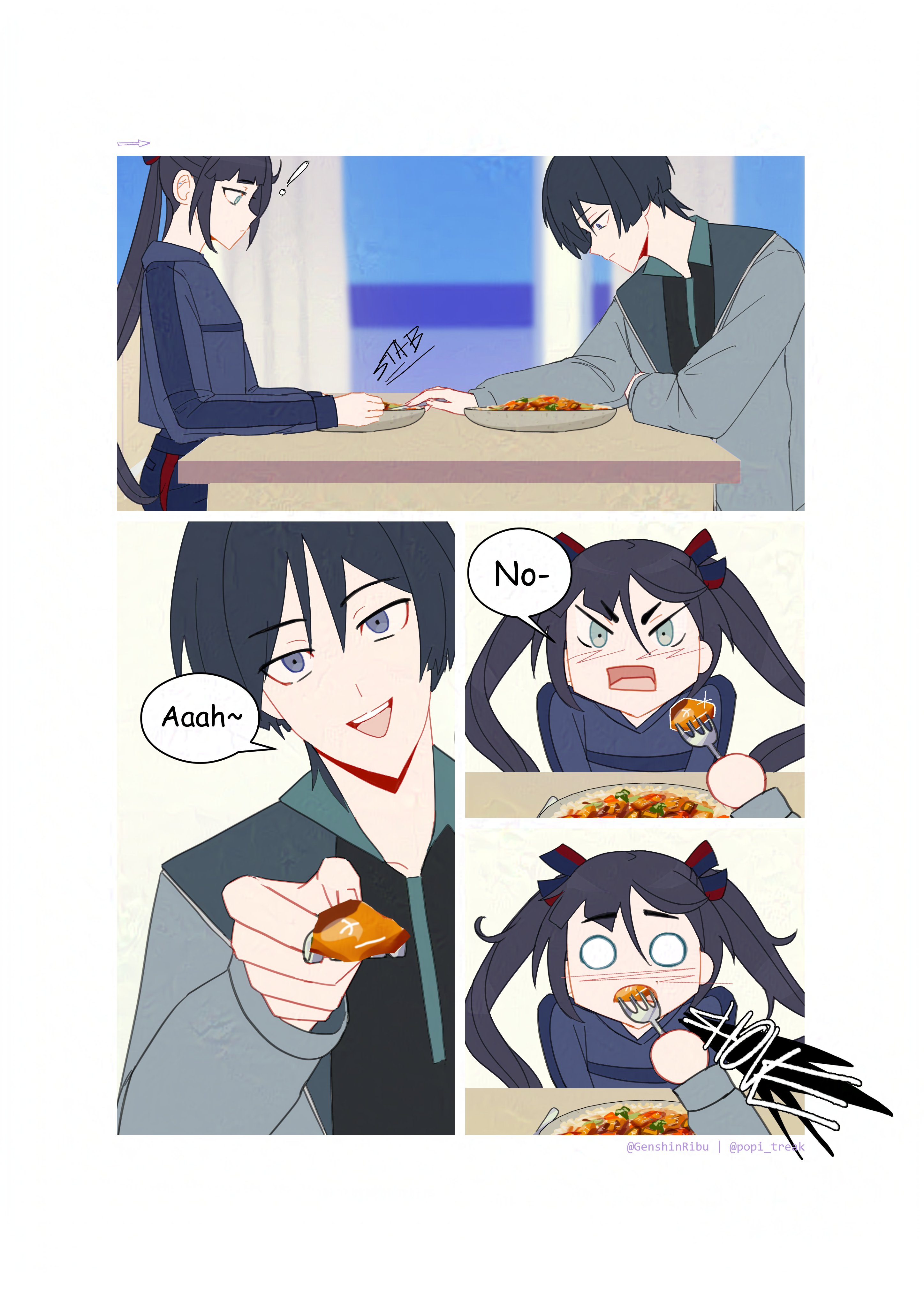 genshinribu, mona (genshin impact), scaramouche (genshin impact), genshin impact, absurdres, highres, !, 1boy, 1girl, alternate costume, alternate universe, aqua eyes, arm rest, arrow (symbol), artist name, asymmetrical bangs, black eyes, black hair, black hood, black hoodie, black ribbon, black shirt, black shorts, black sleeves, blunt bangs, blunt ends, blush, casual, closed mouth, collar, collared shirt, contemporary, curtains, embarrassed, english text, feeding, fork, frown, green collar, grey jacket, grey sleeves, hair between eyes, hair ribbon, head down, hetero, holding, holding fork, hood, hood down, hoodie, indoors, jacket, lapels, leaning to the side, left-to-right manga, long hair, long sleeves, looking at viewer, looking down, o o, open mouth, parted bangs, pocket, red ribbon, ribbon, shirt, shorts, sidelocks, sitting, speech bubble, table, teeth, twintails, upper teeth only, v-shaped eyebrows, wispy bangs