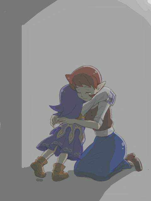 anju (zelda), kafei, nintendo, the legend of zelda, the legend of zelda: majora's mask, 1boy, 1girl, age difference, couple, hetero, hug, pointy ears, purple hair, red hair, smile