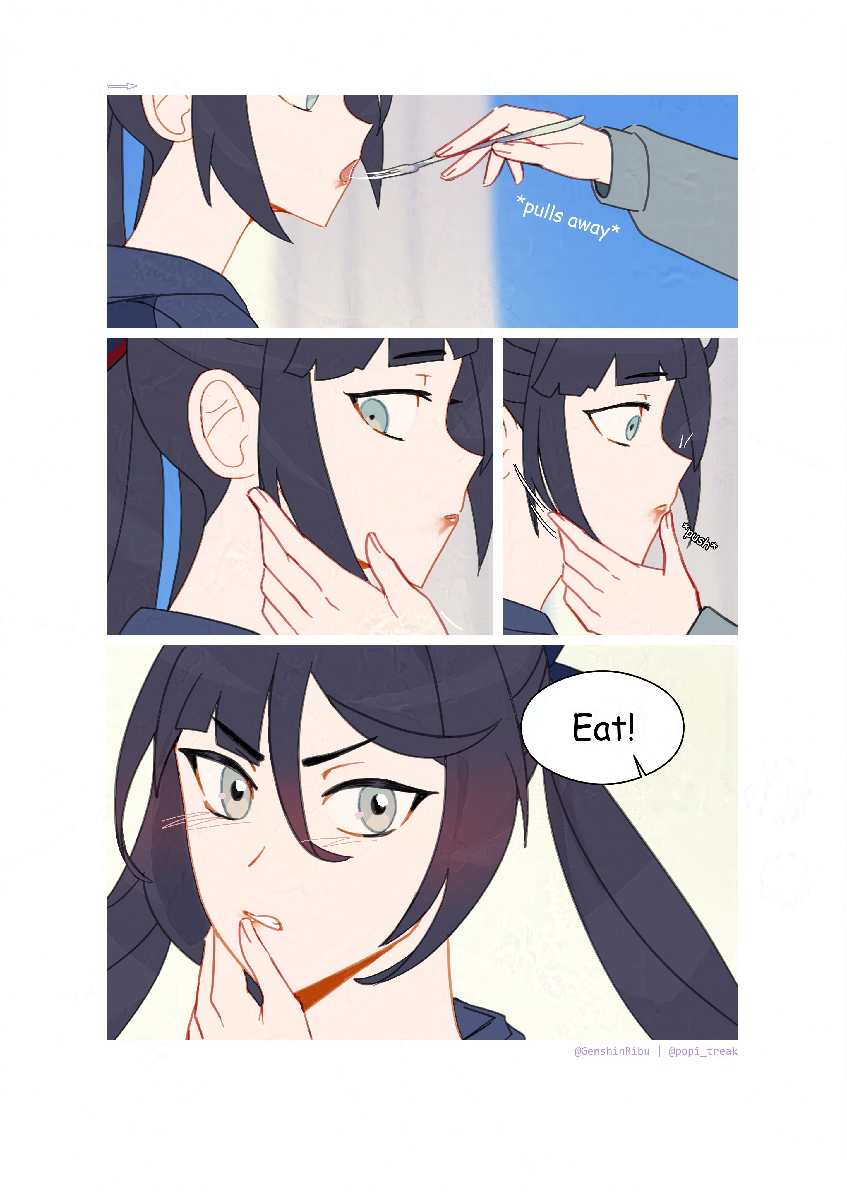 genshinribu, mona (genshin impact), scaramouche (genshin impact), genshin impact, absurdres, highres, 1girl, alternate costume, alternate universe, aqua eyes, arrow (symbol), artist name, asymmetrical bangs, black hair, black hood, black hoodie, blunt bangs, casual, clenched teeth, contemporary, curtains, english text, feeding, fingernails, food, food on face, fork, grey sleeves, hair between eyes, hand on another's face, hetero, holding, holding fork, hood, hood down, hoodie, indoors, left-to-right manga, light blush, light frown, long hair, long sleeves, looking at hand, looking at viewer, open mouth, parted bangs, sidelocks, speech bubble, teeth, thumb to mouth, turning head, twintails