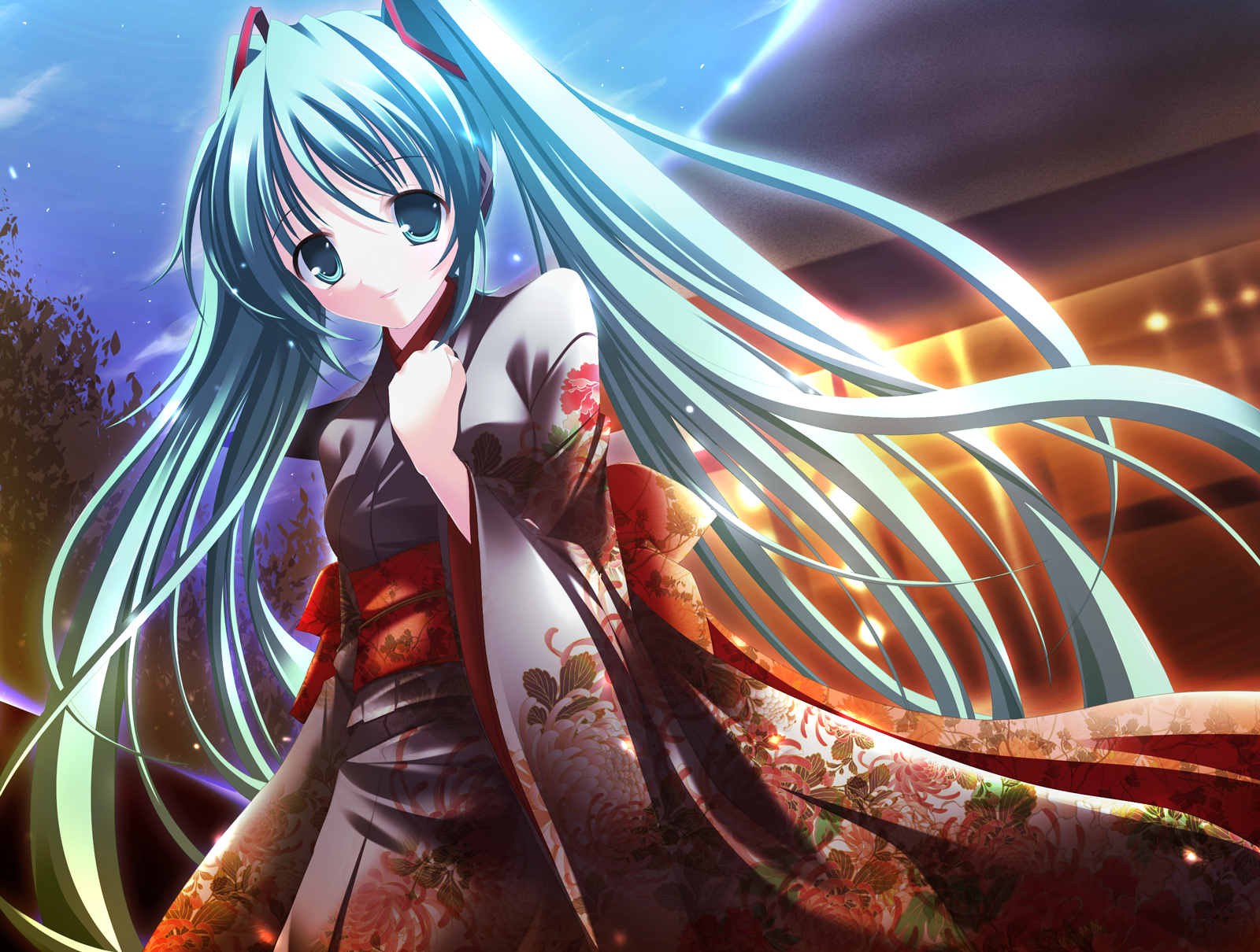 kine-c, hatsune miku, vocaloid, bad id, bad pixiv id, highres, aqua eyes, aqua hair, japanese clothes, kimono, long hair, solo, twintails