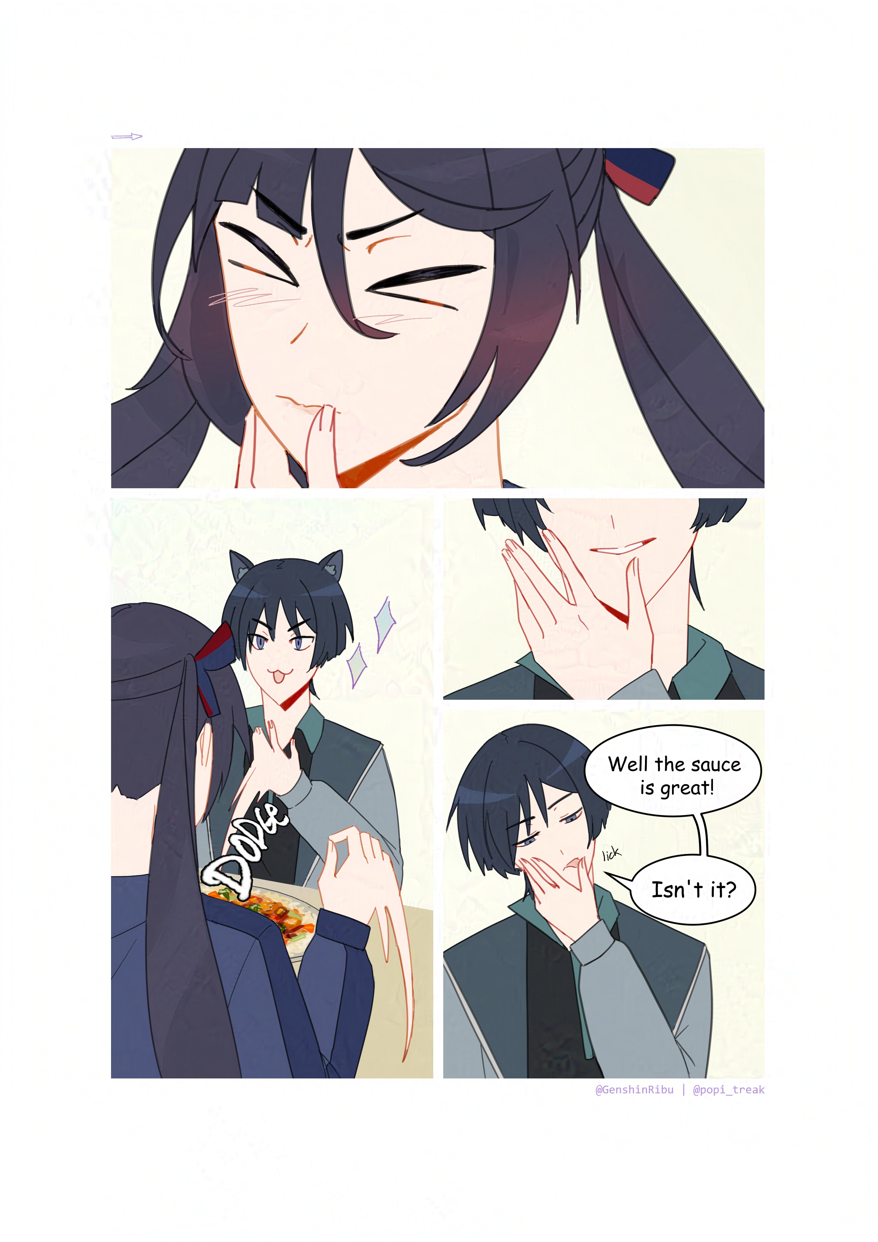 genshinribu, mona (genshin impact), scaramouche (genshin impact), genshin impact, absurdres, food request, highres, > <, 1boy, 1girl, :3, alternate costume, alternate universe, animal ear fluff, animal ears, arrow (symbol), artist name, asymmetrical bangs, black hair, black ribbon, black shirt, black sleeves, blunt bangs, blunt ends, blush, casual, cat boy, cat ears, closed eyes, closed mouth, collar, collared shirt, contemporary, english text, food, green collar, grey jacket, grey sleeves, hair between eyes, hair ribbon, hand up, head tilt, hetero, jacket, lapels, left-to-right manga, licking, licking finger, long hair, long sleeves, looking at another, looking at hand, motion lines, open clothes, open hand, open jacket, open mouth, parted bangs, parted lips, pink lips, plate, red ribbon, ribbon, shirt, sidelocks, sitting, speech bubble, table, thumb to mouth, tongue, tongue out, twintails, undershirt, white mouth, wispy bangs