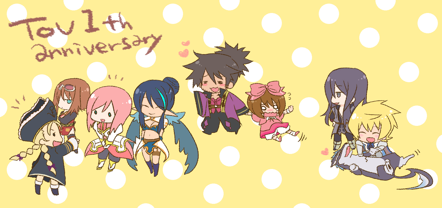 amazu (tokyo), estellise sidos heurassein, flynn scifo, judith (tales), karol capel, karol capel (girly), patty fleur, raven (tales), repede (tales), rita mordio, yuri lowell, tales of (series), tales of vesperia, highres, 00s, 4boys, 4girls, alternate costume, armor, black hair, blonde hair, blue hair, bow, braid, brown hair, chibi, dog, gloves, goggles, green eyes, hat, long hair, midriff, multiple boys, multiple girls, official alternate costume, pink bow, pink hair, pointy ears, ponytail, ribbon, short hair, smile, tears, twin braids