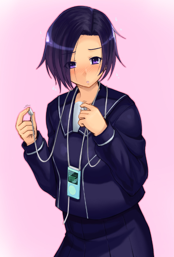 taru neko, kobayakawa rinko, love plus, 1girl, black hair, bob cut, earphones, female focus, gradient background, mp3 player, purple eyes, school uniform, short hair, solo