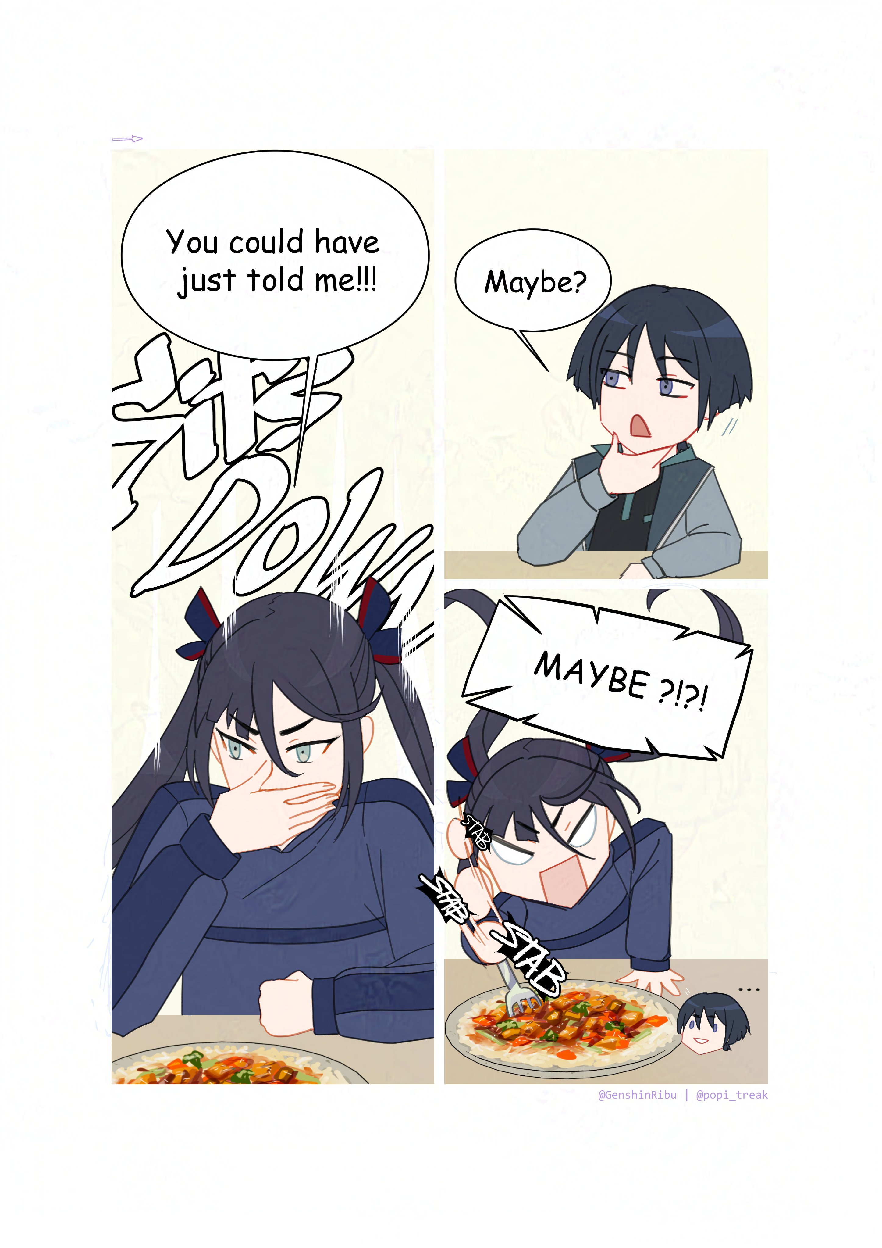 genshinribu, mona (genshin impact), scaramouche (genshin impact), genshin impact, absurdres, food request, highres, …, 1boy, 1girl, alternate costume, alternate universe, aqua eyes, arm rest, arrow (symbol), artist name, asymmetrical bangs, black hair, black ribbon, black shirt, black sleeves, blank eyes, blunt bangs, blunt ends, casual, clenched hand, collar, collared shirt, contemporary, covering own mouth, disembodied head, elbow rest, english text, fingernails, food, fork, green collar, grey jacket, grey sleeves, hair between eyes, hair ribbon, hand on own chin, hand over own mouth, hand up, holding, holding fork, jacket, lapels, left-to-right manga, long hair, long sleeves, looking to the side, motion lines, open clothes, open jacket, parted bangs, plate, purple eyes, red ribbon, ribbon, shirt, sidelocks, sitting, sound effects, speech bubble, tsurime, twintails, undershirt