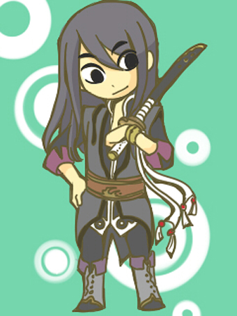 shirou (vista), yuri lowell, nintendo, tales of (series), tales of vesperia, the legend of zelda, lowres, 1boy, black eyes, black hair, boots, bracelet, grey boots, jewelry, knee boots, long hair, male focus, over shoulder, parody, sheath, sheathed, smile, solo, style parody, sword, weapon, weapon over shoulder