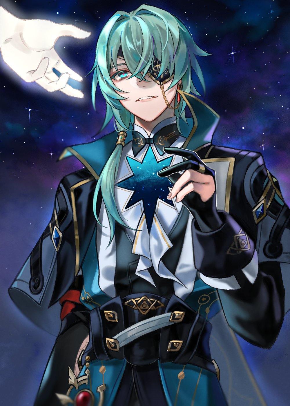 anaxa (honkai: star rail), honkai: star rail, honkai (series), highres, 1boy, aqua eyes, aqua hair, black corset, black jacket, chain, corset, earrings, eyepatch, gem, hair between eyes, hair intakes, hand up, jacket, jewelry, lapels, male focus, mandarin collar, medium hair, night, night sky, notched lapels, one eye covered, outdoors, pink pupils, red gemstone, shirt, side ponytail, single earring, sky, smirk, solo focus, ssamsa0404, teeth, white shirt
