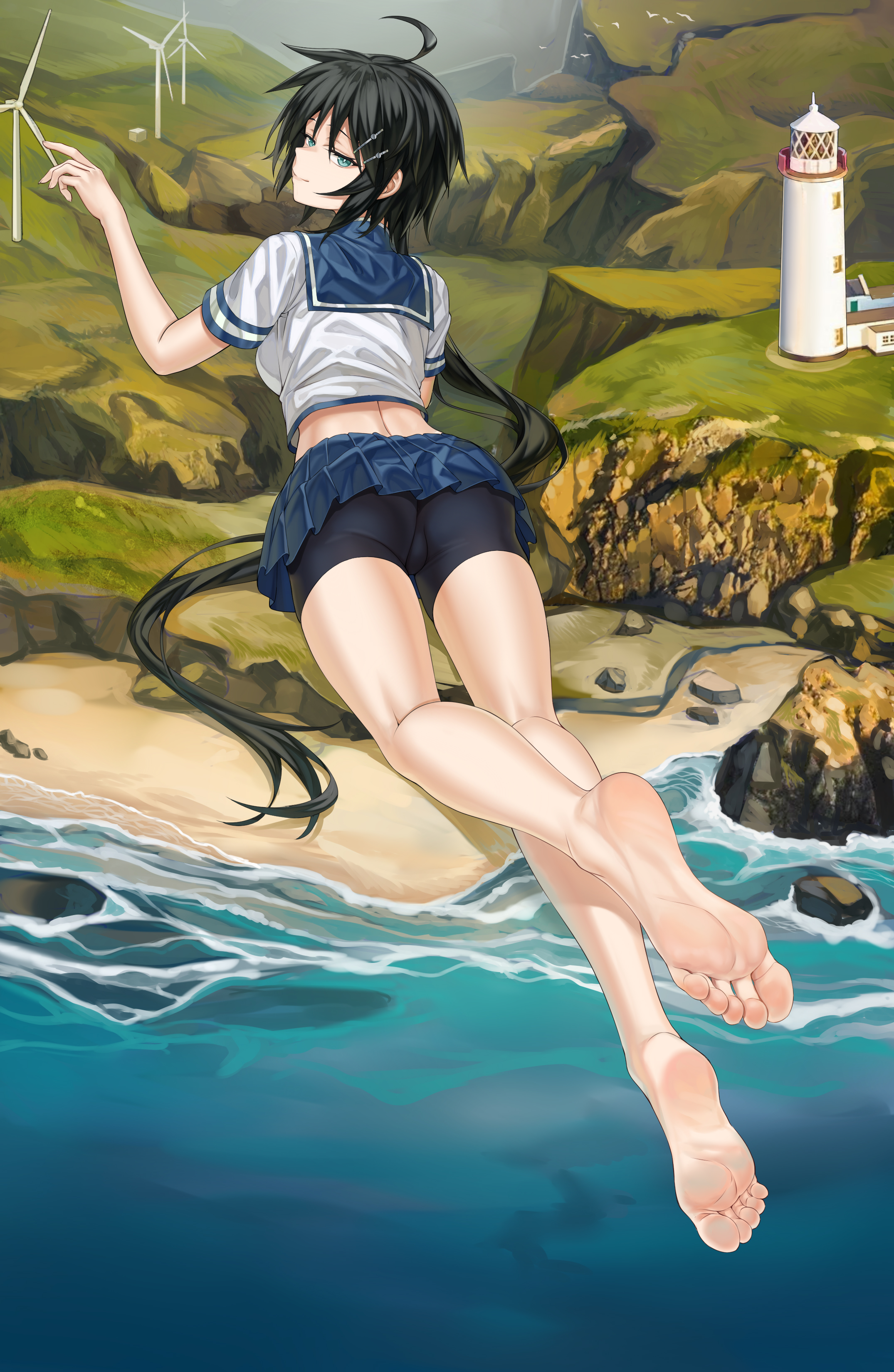 xo (xo17800108), kako (kancolle), kantai collection, absurdres, highres, 1girl, bare legs, barefoot, black hair, black panties, feet, giant, giantess, green eyes, hair ornament, hairclip, looking at viewer, looking back, messy hair, ocean, panties, pleated skirt, ponytail, sailor collar, school uniform, serafuku, skirt, smile, soles, underwear
