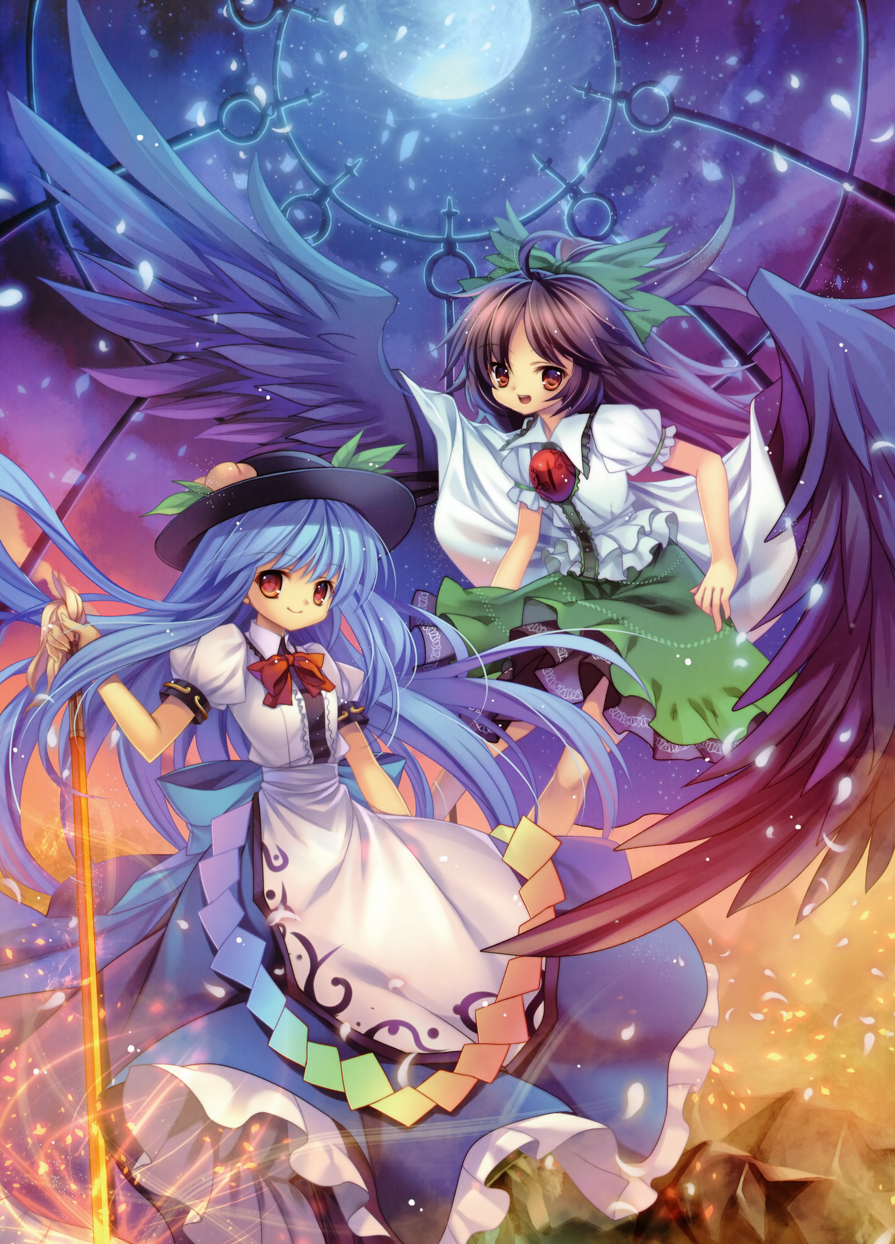 capura lin, hinanawi tenshi, reiuji utsuho, touhou, absurdres, highres, huge filesize, 2girls, blue hair, bow, brown hair, female focus, food, fruit, hat, long hair, multiple girls, peach, red eyes, sword, sword of hisou, weapon, wings