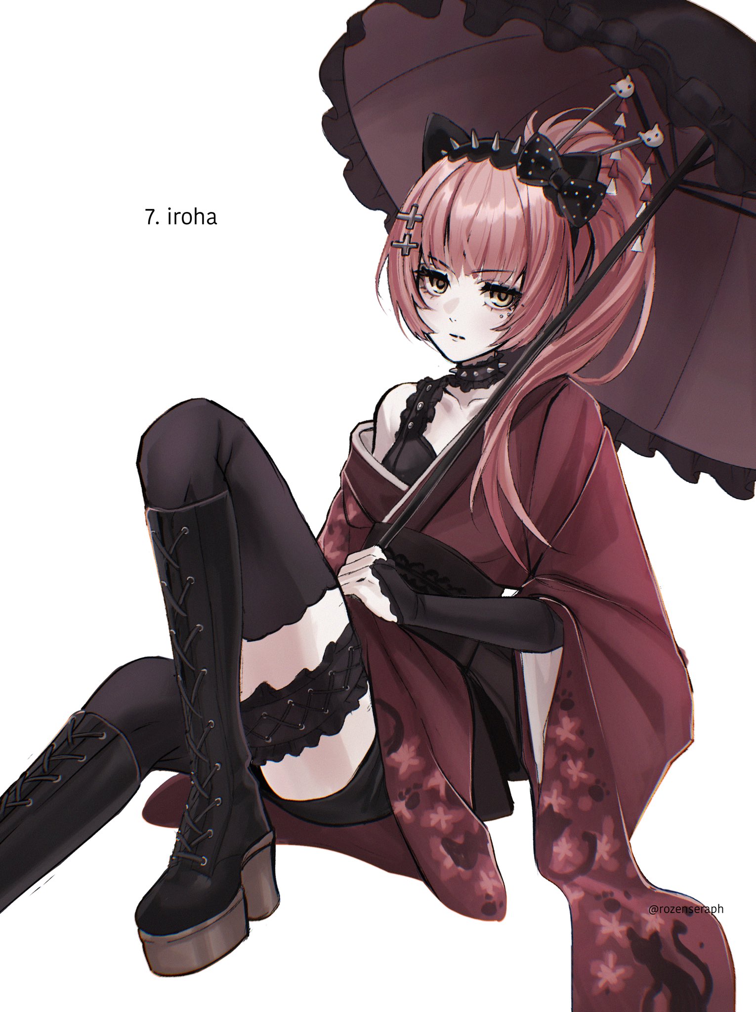 nekomura iroha, vocaloid, commentary, english commentary, highres, 1girl, alternate costume, animal ears, black boots, black bra, black gloves, black sash, boots, bow, bra, cat ears, character name, collar, collarbone, elbow gloves, eye piercing, fake animal ears, floral print, floral print kimono, gloves, hair ornament, hairband, hairclip, holding, holding umbrella, japanese clothes, kimono, pink hair, polka dot, polka dot bow, ponytail, print kimono, red kimono, rozenseraph, sash, simple background, sitting, spiked collar, spiked hairband, spikes, thigh strap, twitter username, umbrella, underwear, white background